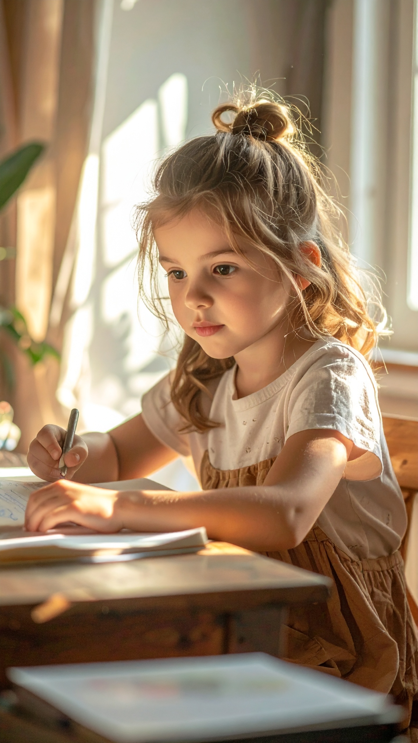 A young girl is focused on drawing at a wooden table bathed in warm sunlight