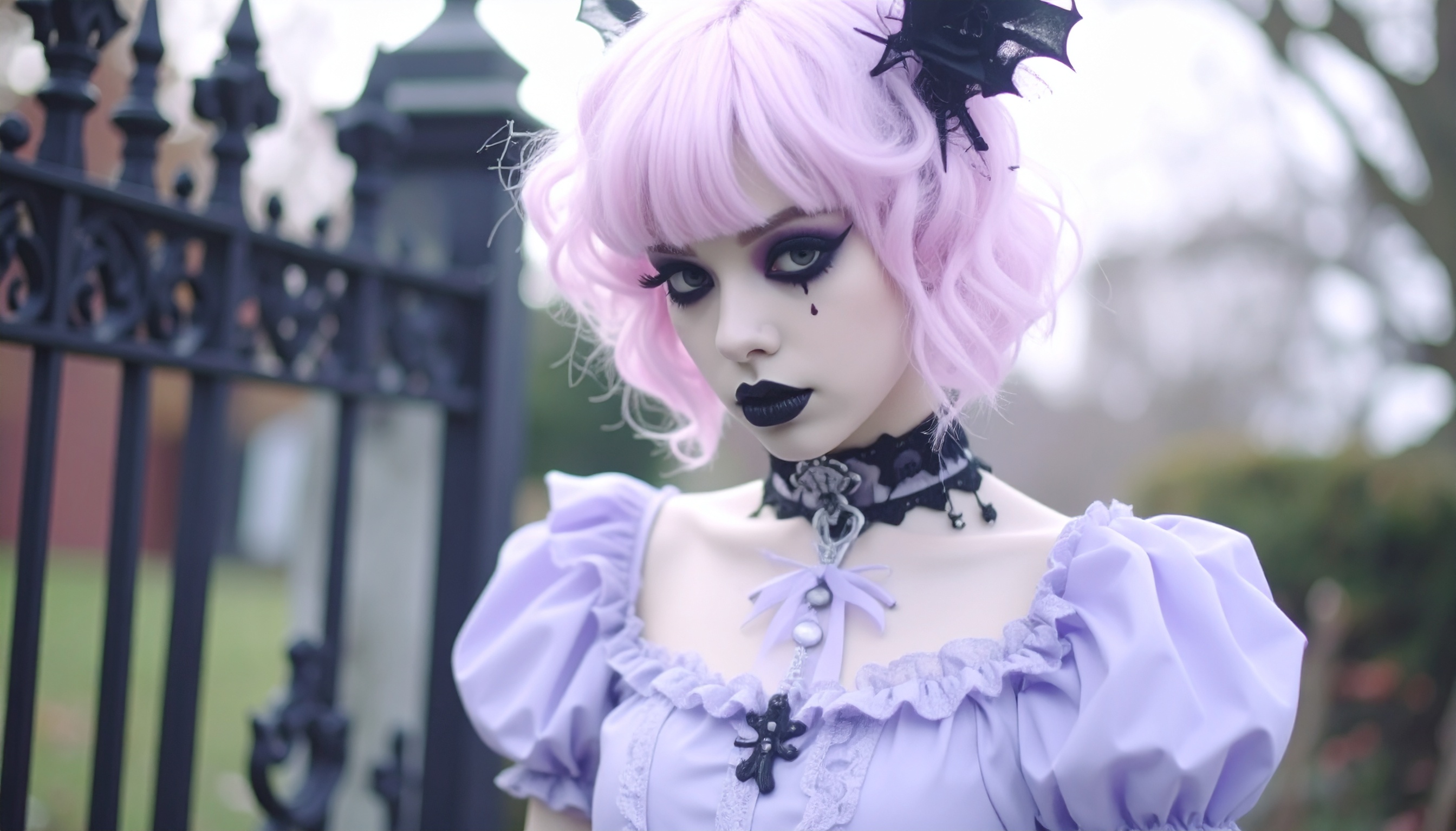 A person is dressed in a pastel goth ensemble featuring a lavender dress with puffed