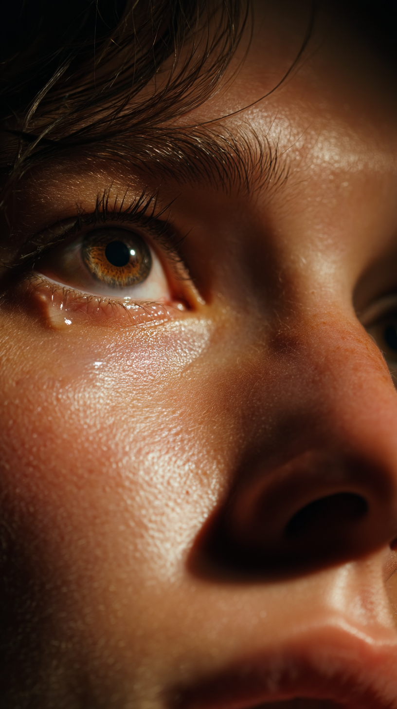 A imagem apresenta um close-up de um rosto humano, focando principalmente em um olho e na pele ao redor. As cores são predominantemente quentes, com tons de marrom e dourado na pele, e um brilho evidente devido à umidade. A iluminação destaca as texturas da pele, que é suave, mas apresenta algumas irregularidades. O olhar é intenso e expressivo, e os detalhes dos cílios e sobrancelhas são claramente visíveis.