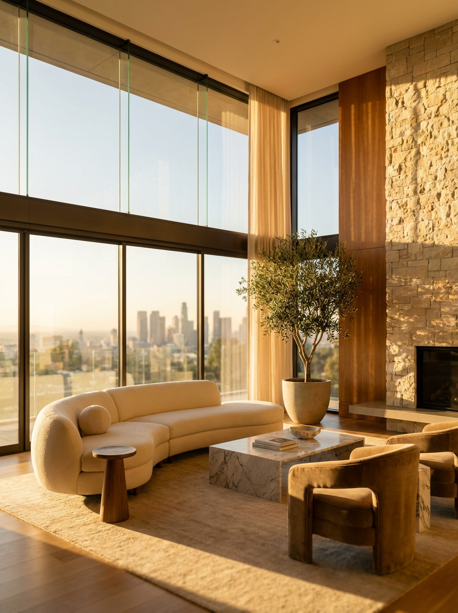 A modern living room with floor-to-ceiling windows offers a stunning cityscape view