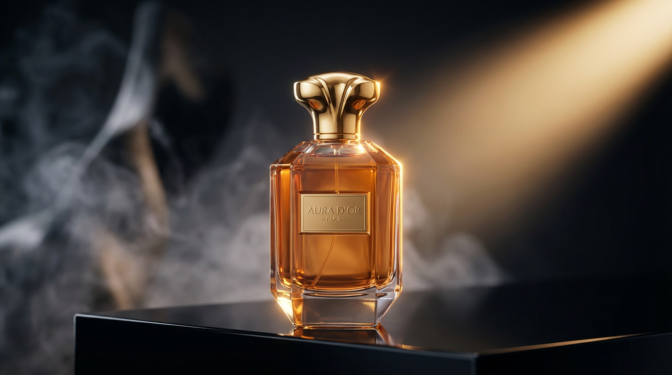 Luxurious perfume bottle with golden cap and amber liquid