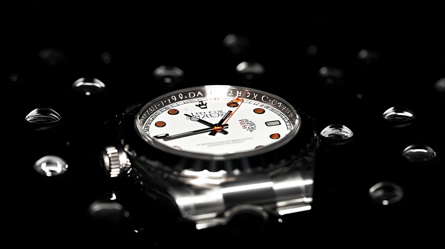 Relógio de luxo prateado com mostrador branco e detalhes laranja, em fundo escuro com gotas de água ao redor. Iluminação pontual destaca o acabamento elegante, criando um efeito sofisticado e minimalista. Composição focalizada no mostrador, com ângulo baixo enfatizando o design e os materiais premium.