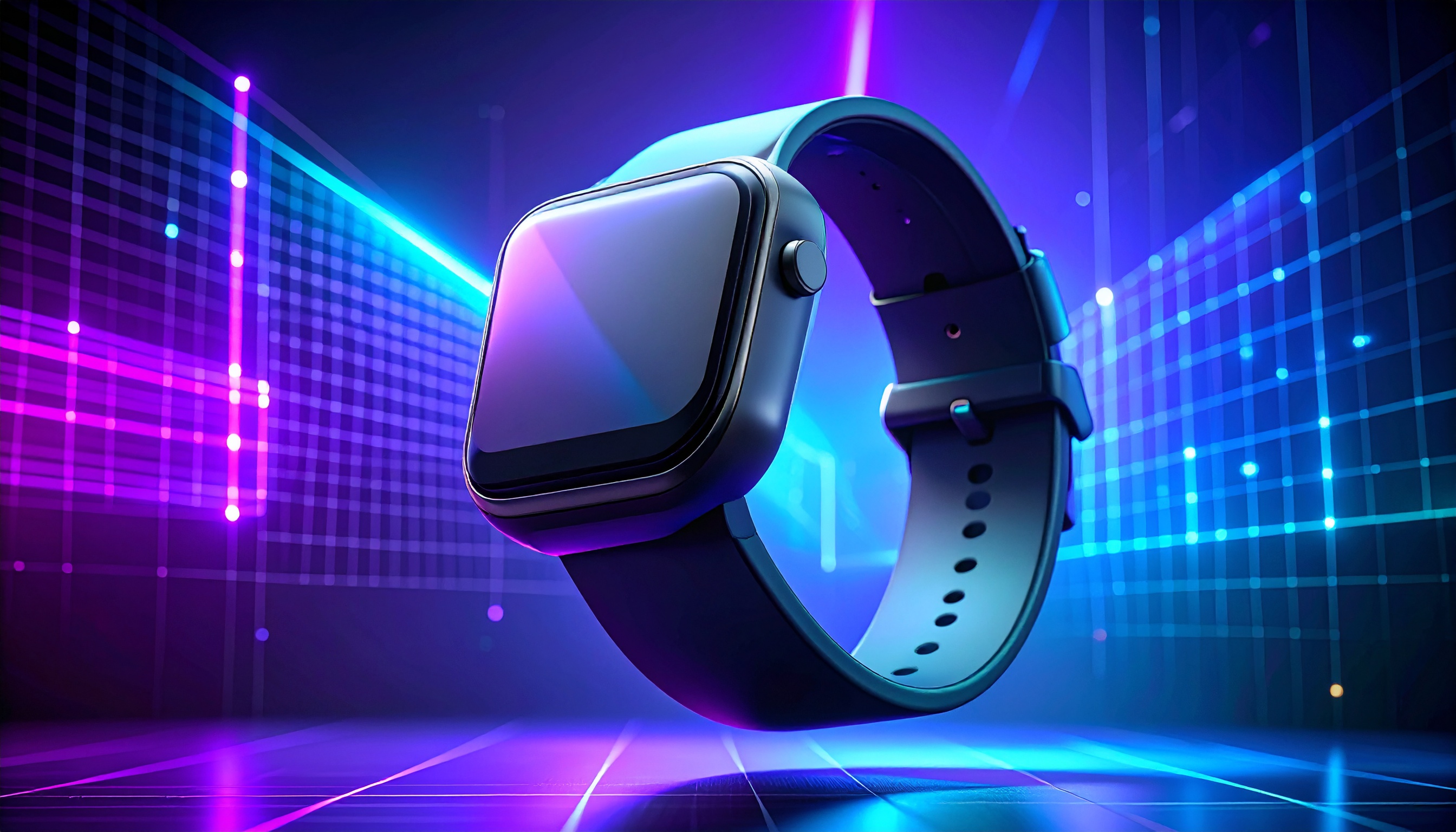 Um smartwatch moderno flutua em um ambiente digital vibrante. Ideal para quem busca unir tecnologia e estilo em seu dia a dia. O aparelho destaca-se com uma tela quadrada e pulseira ajustável em tons escuros. Perfeito para atividades físicas ou manter-se conectado no trabalho. Sua interface digital com cores neon agrega um toque futurista.