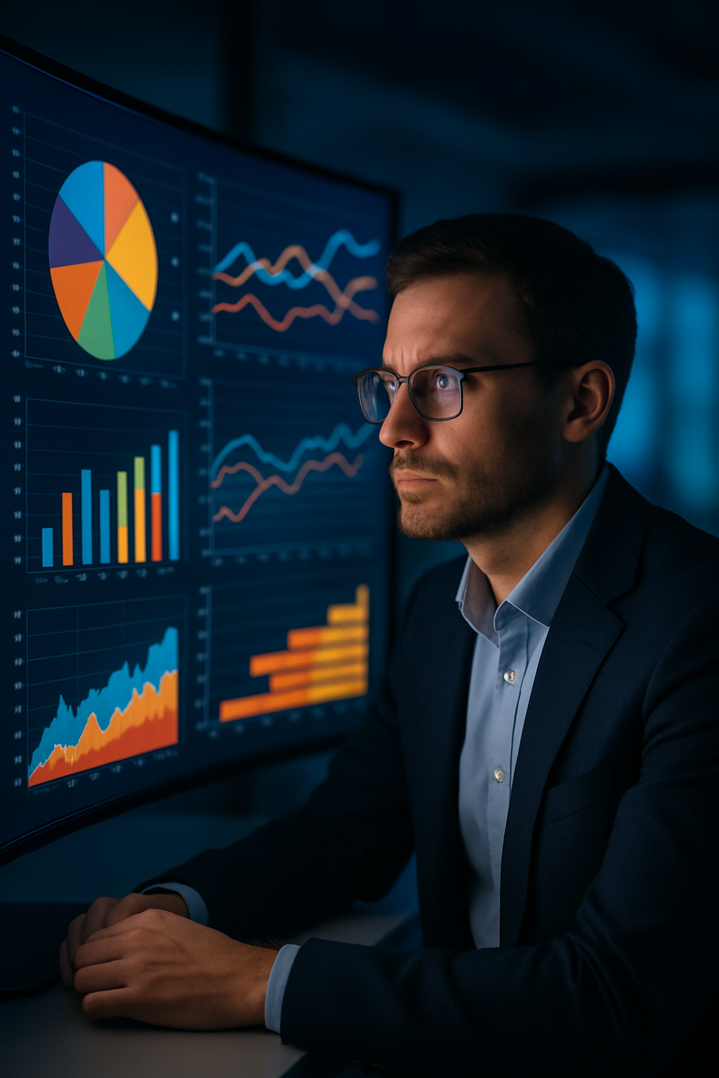 Focused Man in Glasses Analyzing Colorful Data Graphs on Monitor