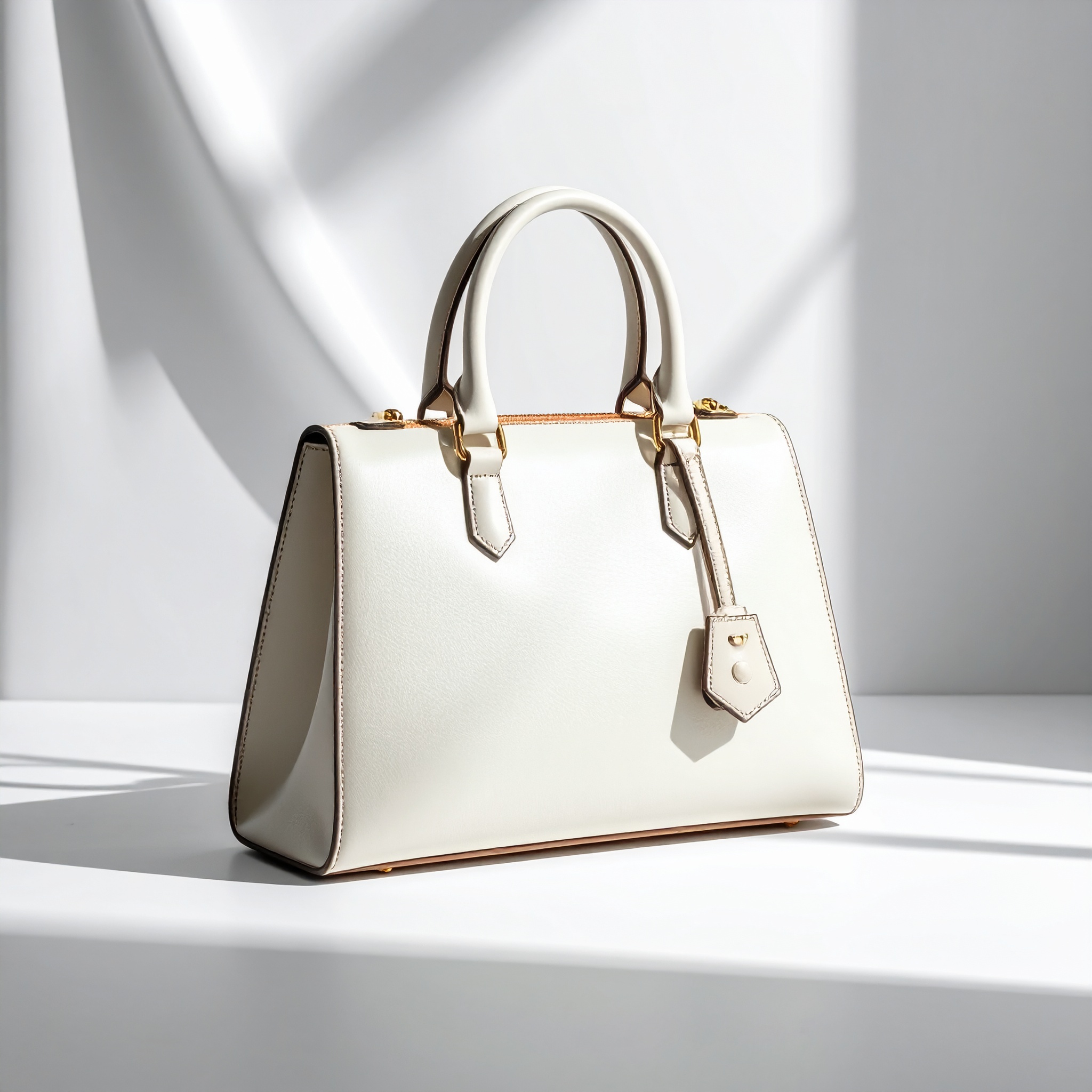 Bolsa feminina de couro em tom creme sobre superfície clara, iluminada por luz suave que acentua o design elegante e os detalhes dourados. Composição minimalista em ângulo de três quartos, focando na textura e acabamento premium, criando atmosfera sofisticada e moderna.