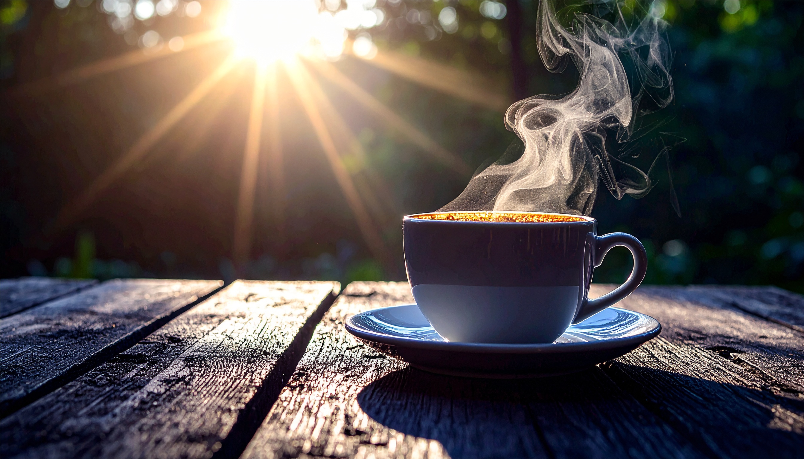 Steaming Coffee Cup on Rustic Wooden Table