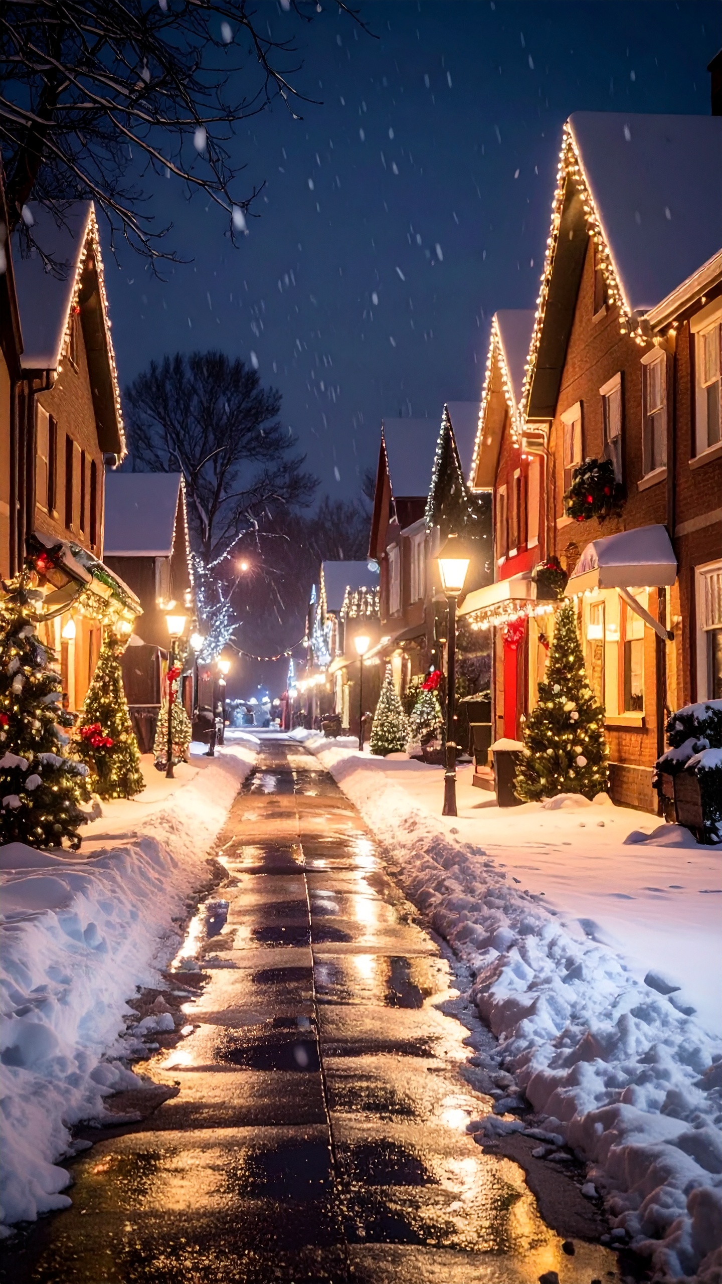 Quiet Snowy Street at Night with Christmas Lights