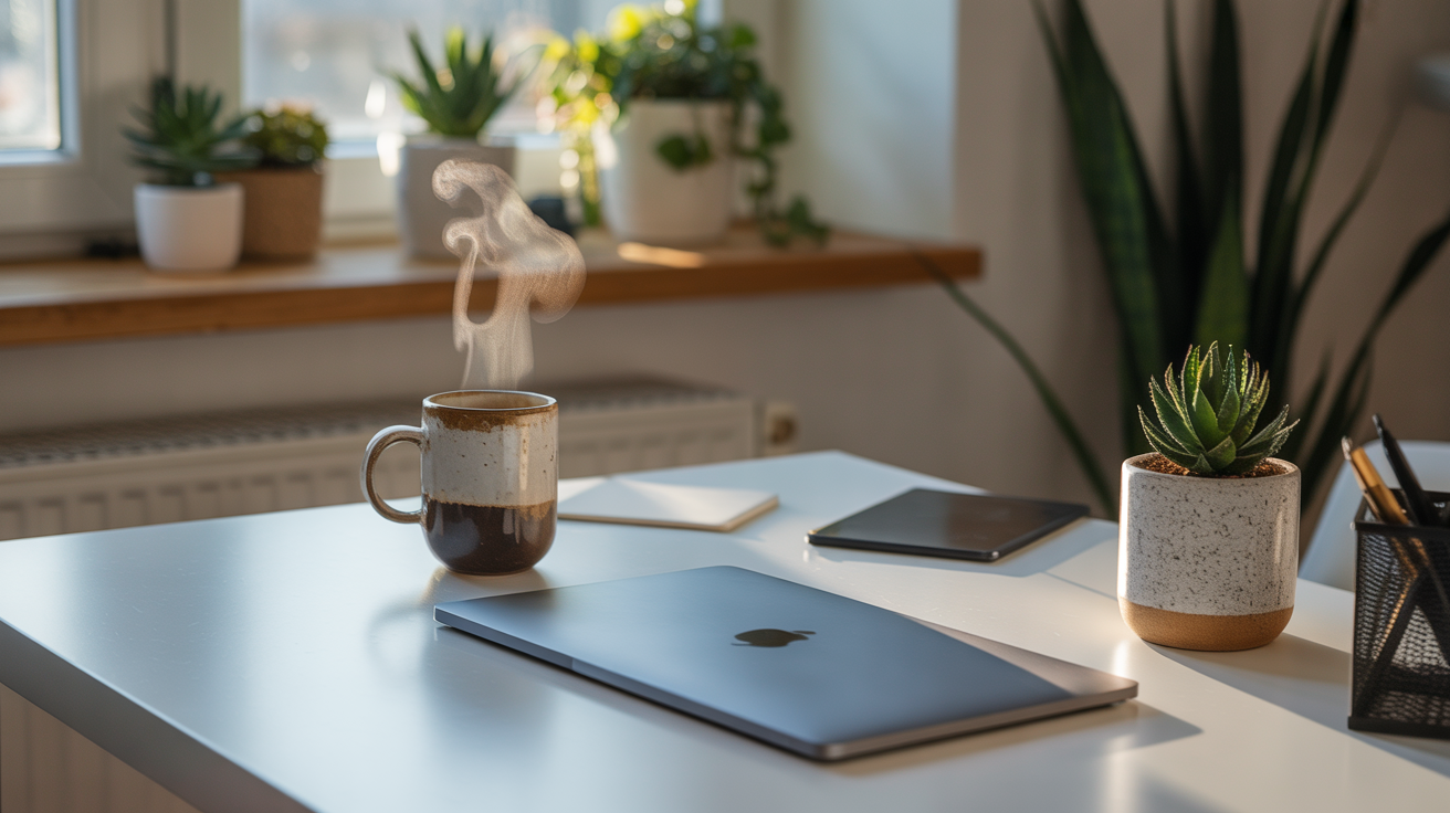 Ambiente de escritório iluminado com luz natural, com um notebook fechado sobre uma mesa branca. Ideal para quem busca um espaço de trabalho moderno e tranquilo, este setup inclui uma caneca de café fumegante e plantas decorativas. O contraste entre o verde das plantas e a neutralidade dos objetos tecnológicos cria uma atmosfera equilibrada. Perfeito para home office ou espaço de coworking, proporcionando conforto e produtividade. A presença das plantas adiciona um toque de frescor e vida ao ambiente.