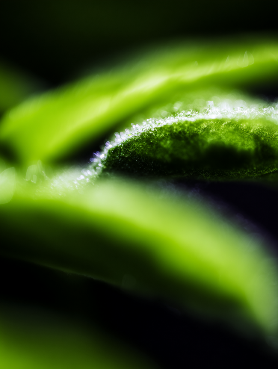 Imagem macro de folhas verdes com bordas cobertas por minúsculas gotas de água, destacando a textura aveludada. A luz suave cria um contraste entre o verde vibrante das folhas e o fundo escuro, conferindo uma atmosfera de frescor e serenidade. O ângulo próximo e o foco seletivo enfatizam os detalhes das gotas e a superfície das folhas.