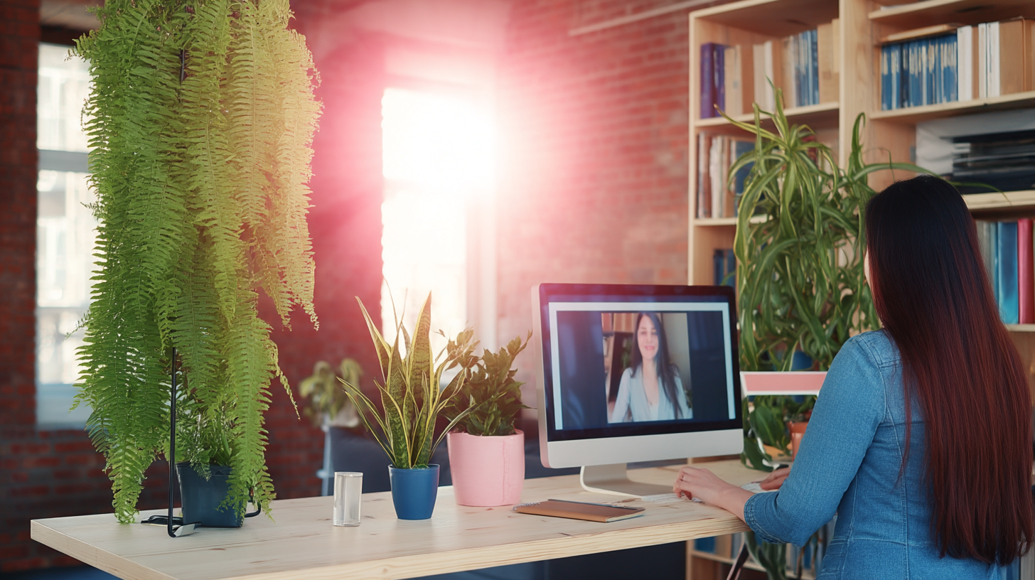 Mulher de costas em escritório bem iluminado com plantas ao redor, participando de videoconferência em monitor de mesa. Luz solar suave entrando pela janela, criando uma atmosfera acolhedora e profissional. Livros coloridos dispostos em estante ao fundo, cenário organizado e moderno.