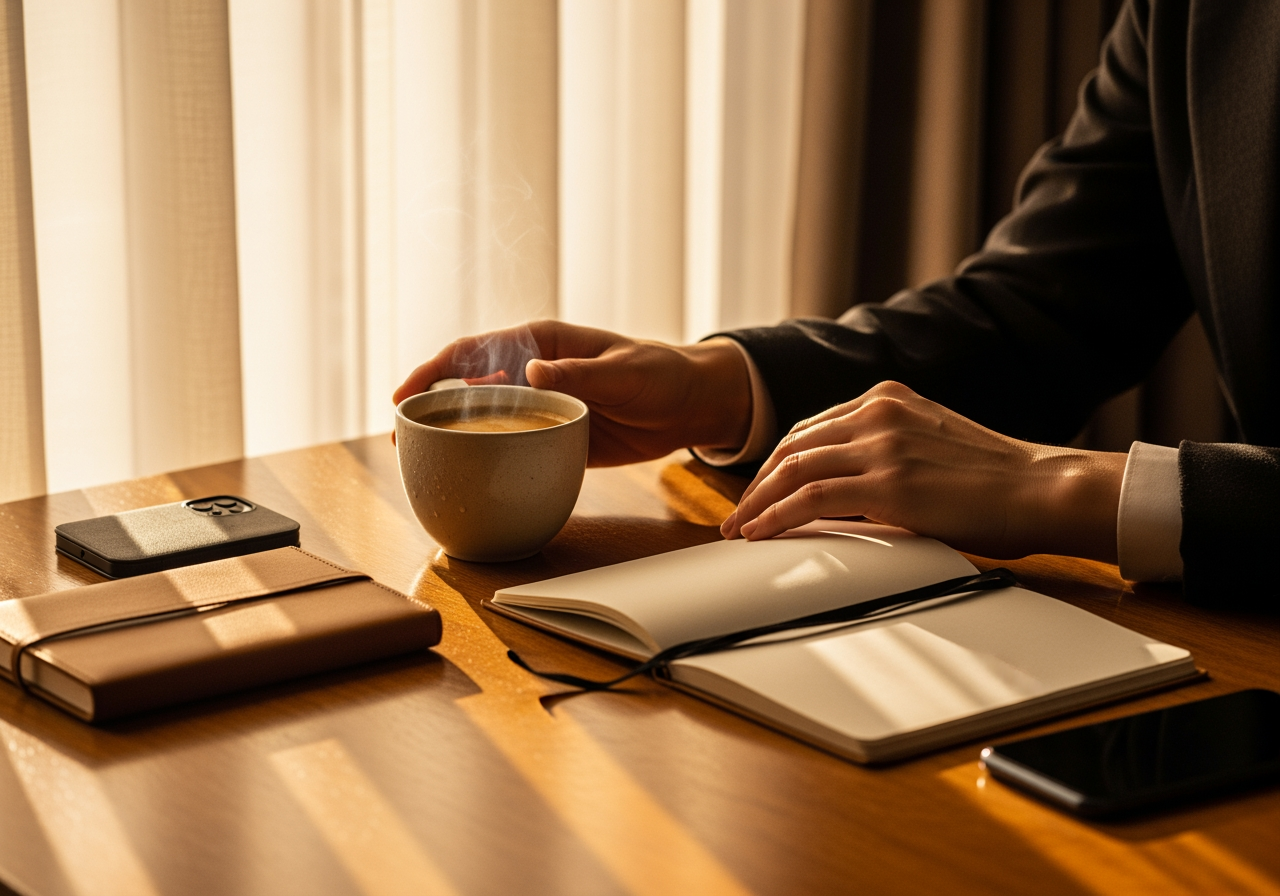 A person sits at a wooden table with a steaming cup of coffee, an open notebook, and a smartphone