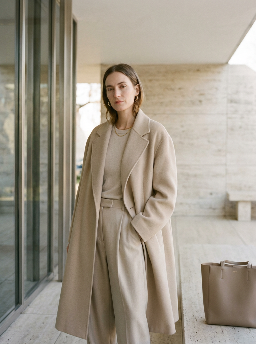 A woman is elegantly dressed in a beige coat and trousers ensemble, complemented by a