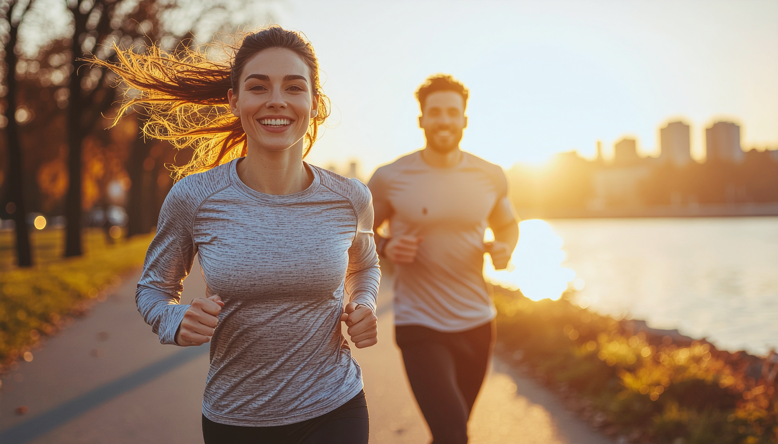 Duas pessoas correndo em uma trilha à beira de um rio durante o pôr do sol, com expressões alegres. A iluminação dourada realça os detalhes das roupas esportivas e cria uma atmosfera vibrante e energética. As árvores ao longo da trilha adicionam profundidade à composição.