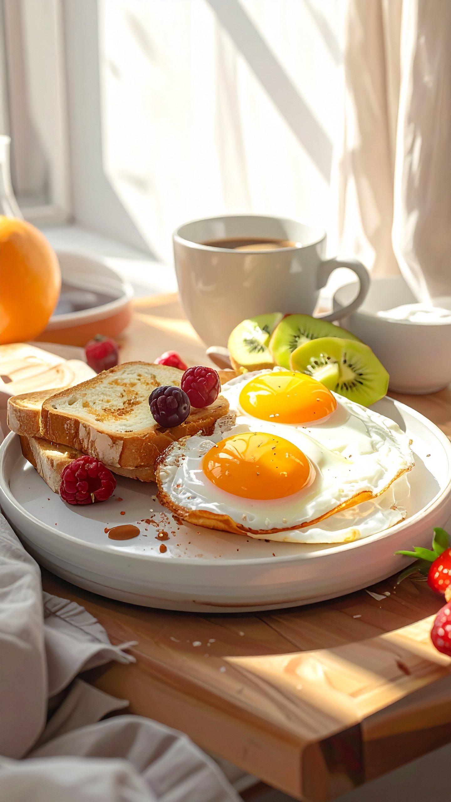 A hearty breakfast spread featuring sunny-side-up eggs and toast