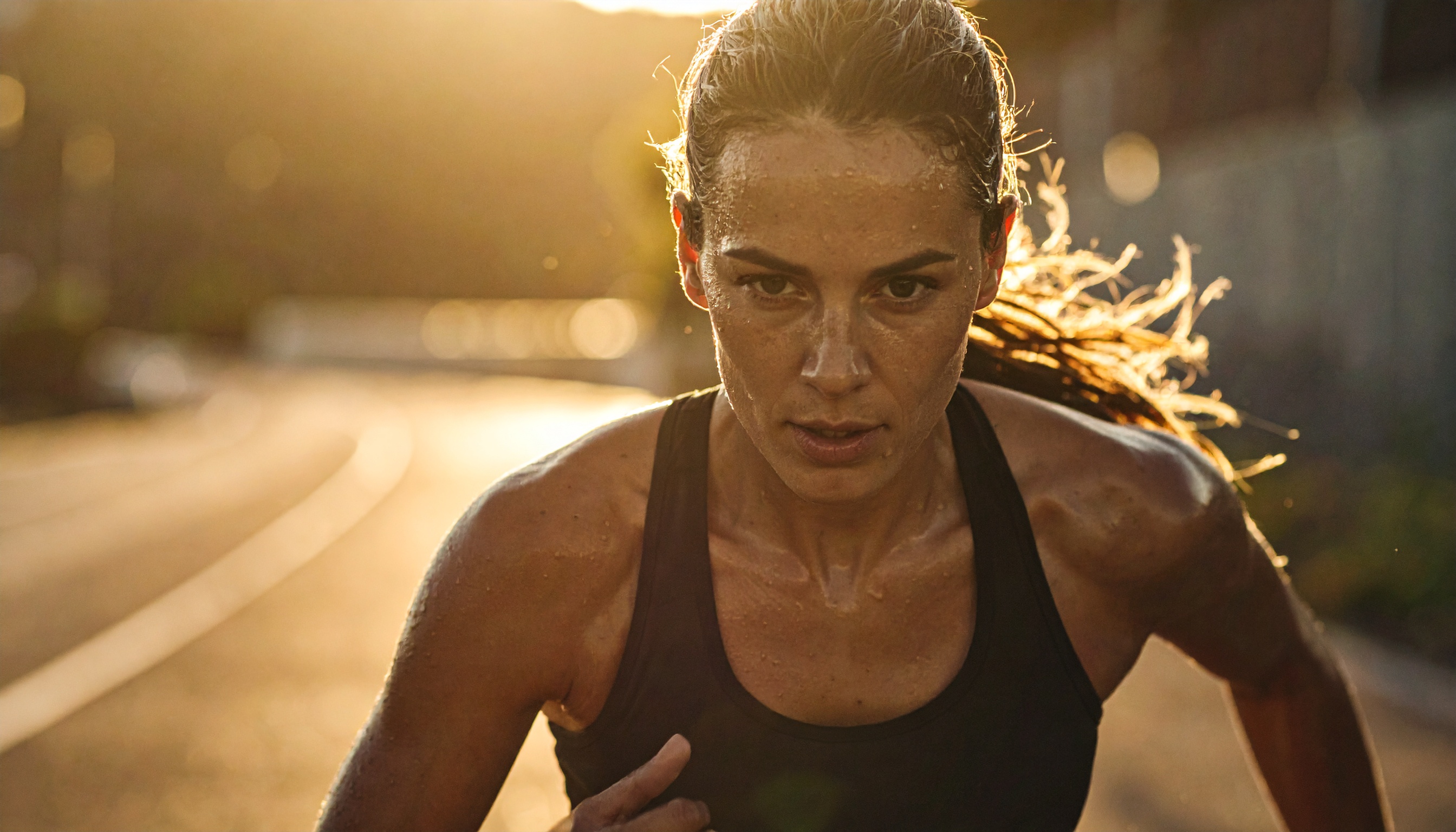 A determined athlete runs on a sunlit track, capturing the essence of focus and endurance