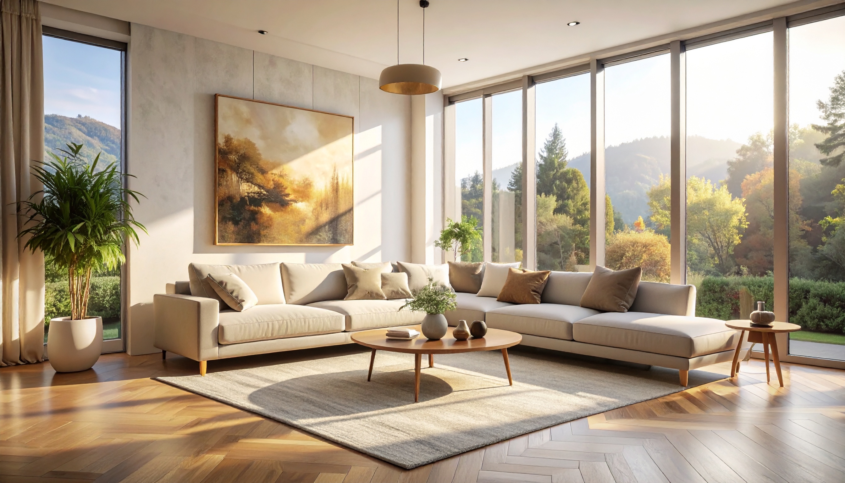 A spacious living room with a modern beige sectional sofa and a round wooden coffee table