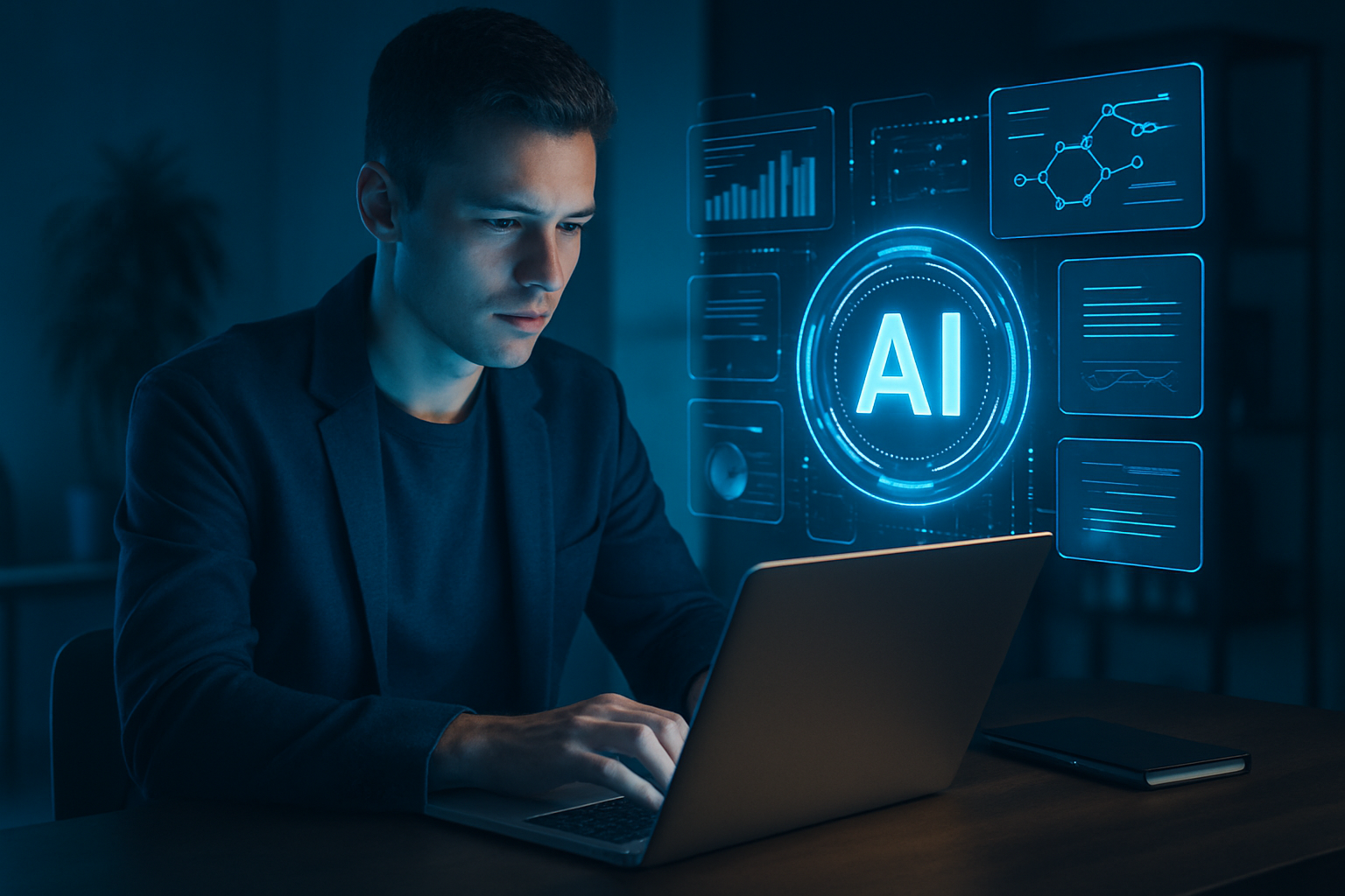 Man Working on Laptop Surrounded by Blue Holograms