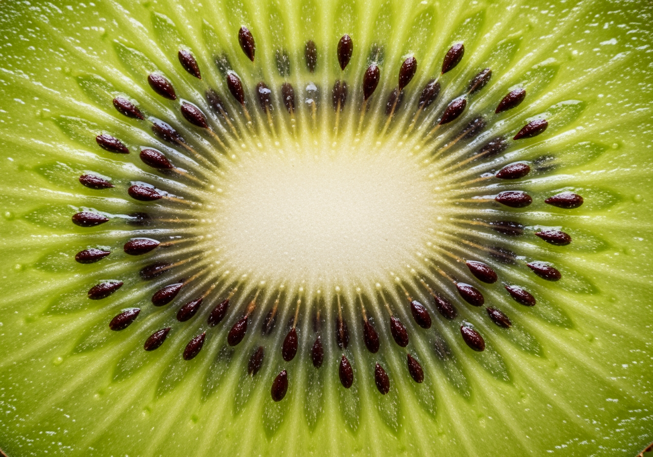 A vibrant cross-section of a kiwi fruit reveals its intricate details