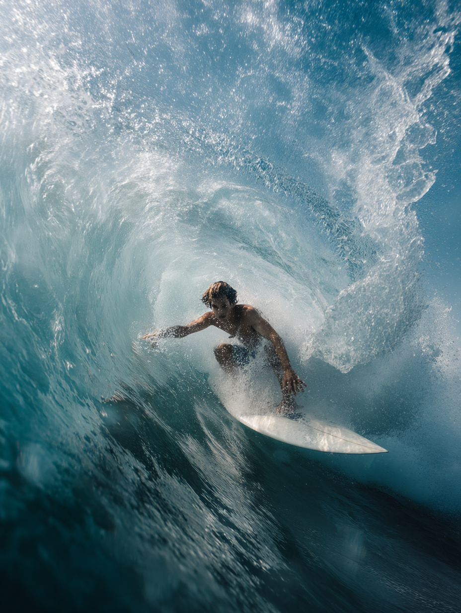 A imagem apresenta um surfista em ação dentro de uma onda, com uma paleta de cores predominante em tons de azul e branco. A luz reflete na água, criando um efeito de brilho e transparência, enquanto a espuma da onda gera texturas dinâmicas ao redor do surfista.