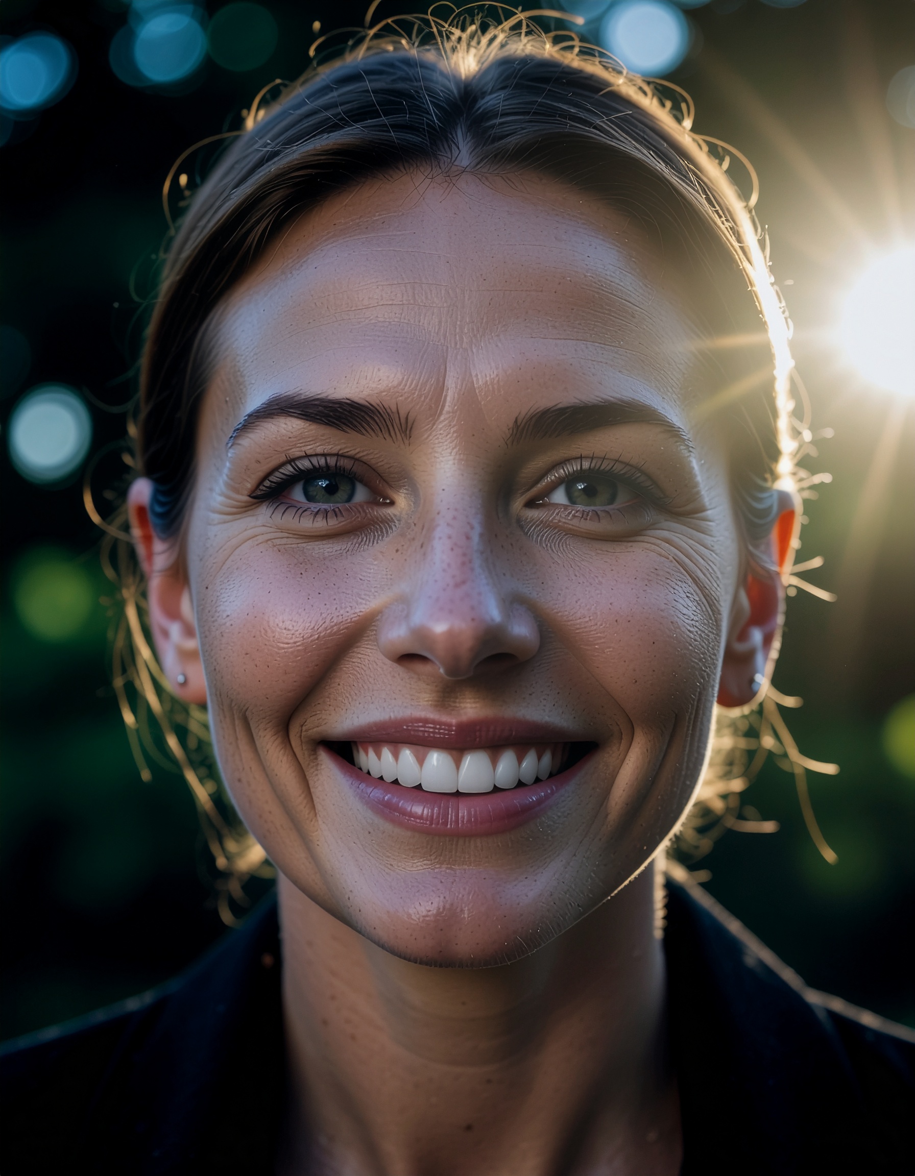 Retrato de uma mulher sorridente ao ar livre, iluminada por uma luz solar suave ao entardecer, transmitindo alegria e serenidade com um fundo desfocado natural.