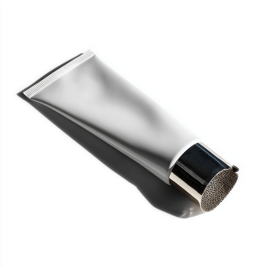 Tubo de creme prateado em fundo branco, iluminado por luz direta, criando sombras marcantes. O design minimalista e o foco nítido destacam o brilho metálico da tampa e a textura suave do tubo.
