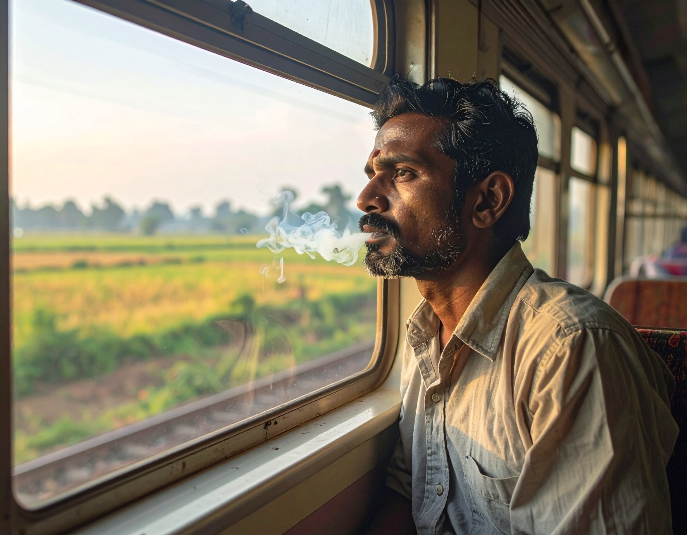 A contemplative man gazes out a train window, surrounded by lush greenery
