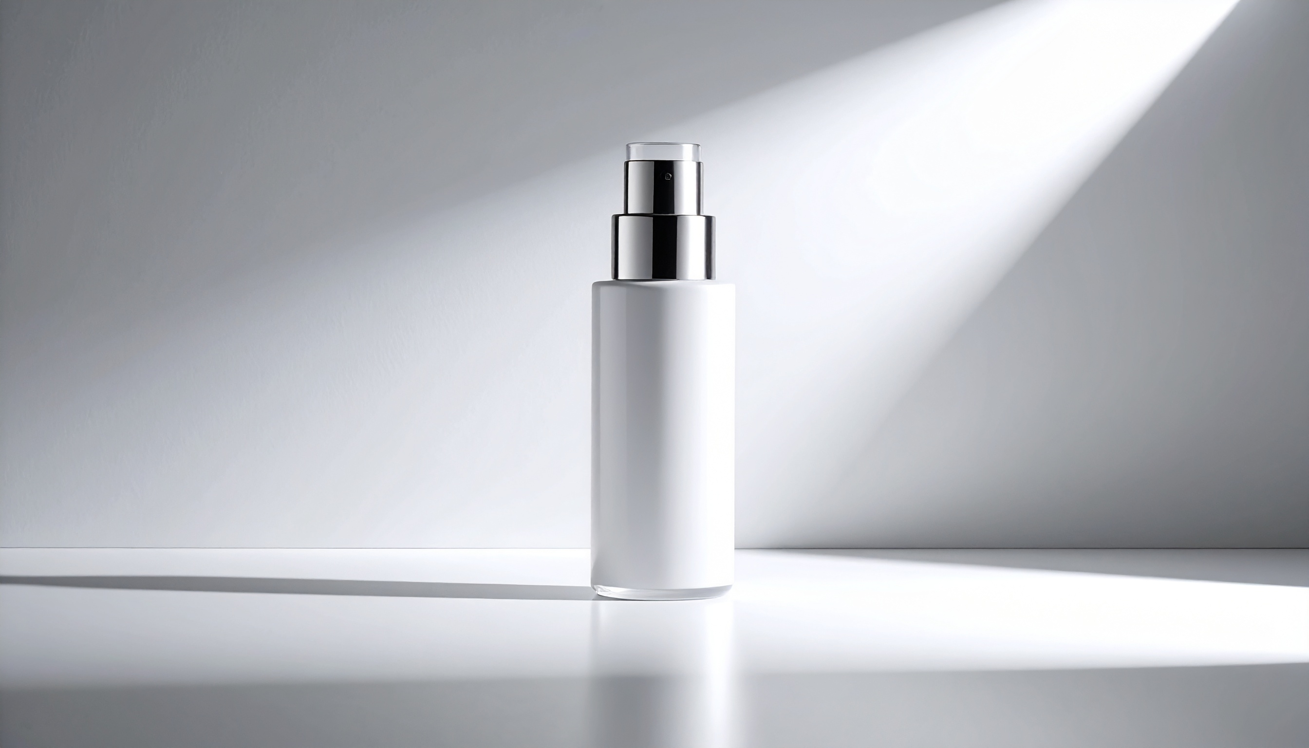 Frasco cilíndrico branco com tampa prateada sob luz direcionada. Ideal para armazenar cosméticos líquidos como cremes e loções. O design minimalista e elegante destaca-se pelo contraste entre o branco fosco e o brilho metálico. Perfeito para uso em ambientes modernos e sofisticados. A simplicidade do frasco torna-o versátil e atraente para diversas marcas de beleza.