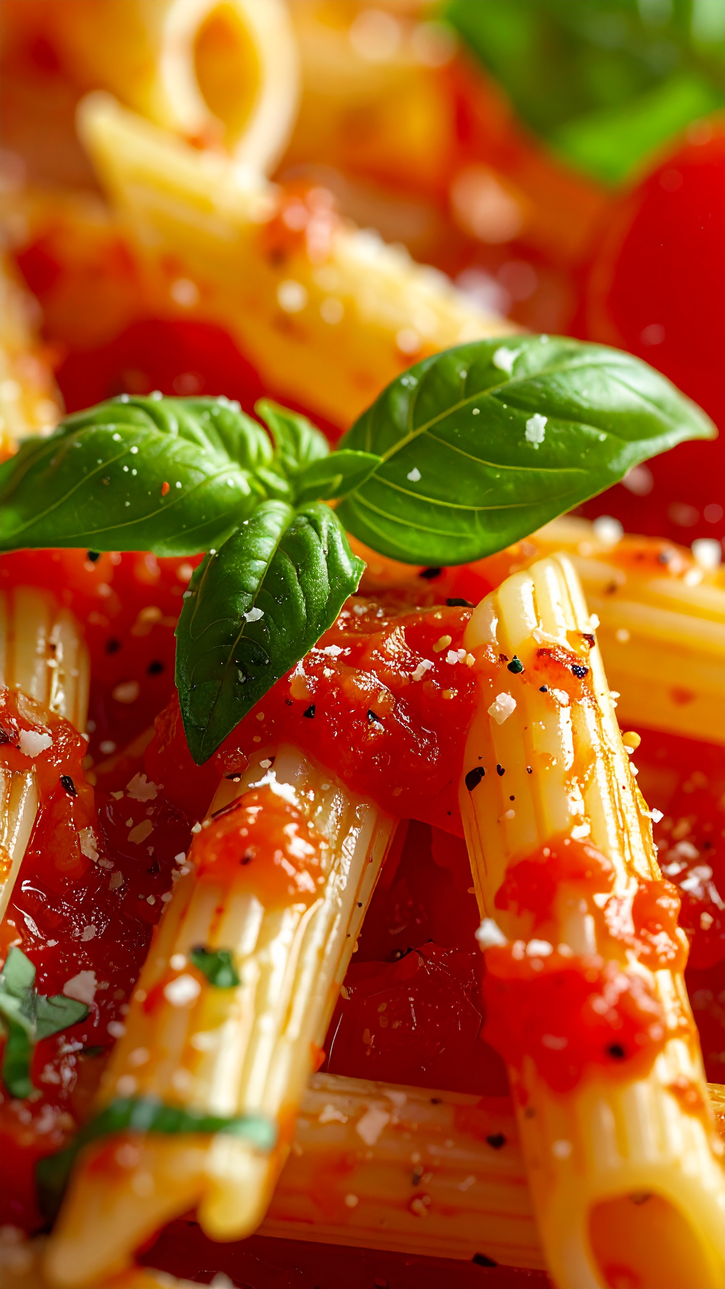 Prato de penne al dente coberto com molho de tomate suculento e folhas de manjericão fresco, em foco nítido. A iluminação destaca a textura do molho e do queijo ralado, criando um efeito apetitoso. A composição é vibrante com cores quentes, capturando a essência de um prato italiano clássico e saboroso.