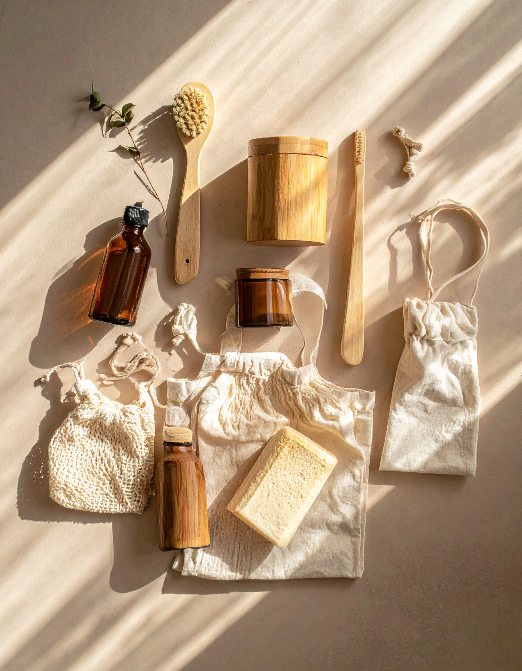 Eco-friendly personal care items arranged on a neutral surface showcase a sustainable lifestyle choi
