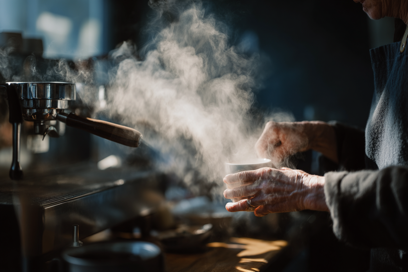 Uma pessoa preparando café com uma máquina de espresso, enquanto vapor quente sobe de uma xícara branca em um ambiente iluminado, destacando as mãos envelhecidas e a textura do vapor.