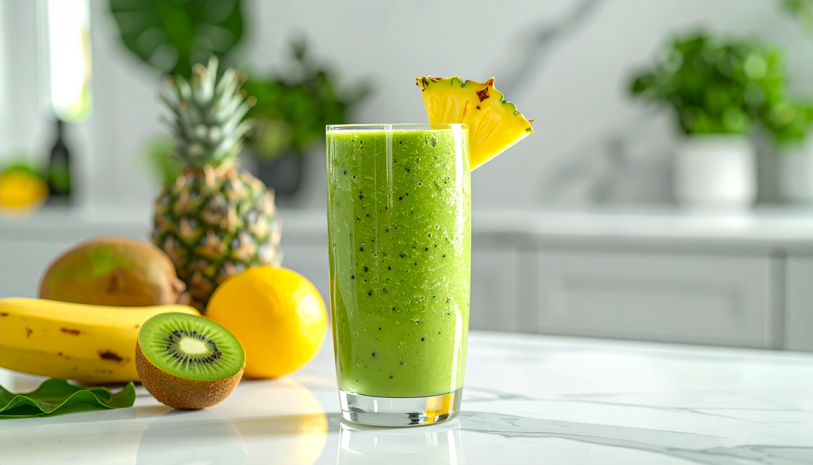 Smoothie verde refrescante com fatia de abacaxi em cozinha moderna, cercado por frutas frescas como kiwi, banana e limão, transmitindo saúde e vitalidade.