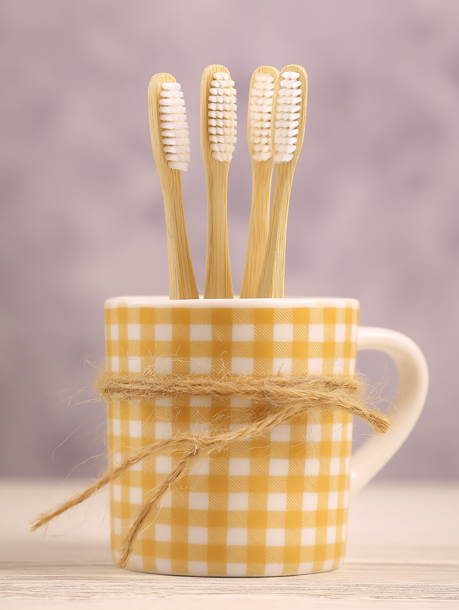 Quatro escovas de dente de bambu em um copo xadrez amarelo e branco, com corda de juta amarrada ao redor. A imagem tem fundo desfocado lilás, destacando o design ecológico e o contraste entre o material natural e as cores vibrantes, com iluminação suave e foco centralizado.