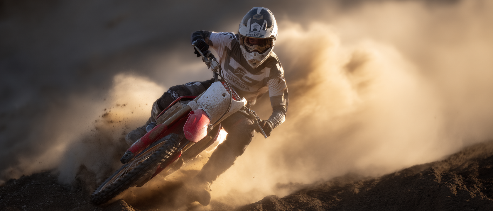 Piloto de motocross em ação, realizando uma curva em alta velocidade em um circuito de areia, criando uma nuvem de poeira ao redor. A imagem captura a adrenalina e a habilidade necessária para dominar a motocross.