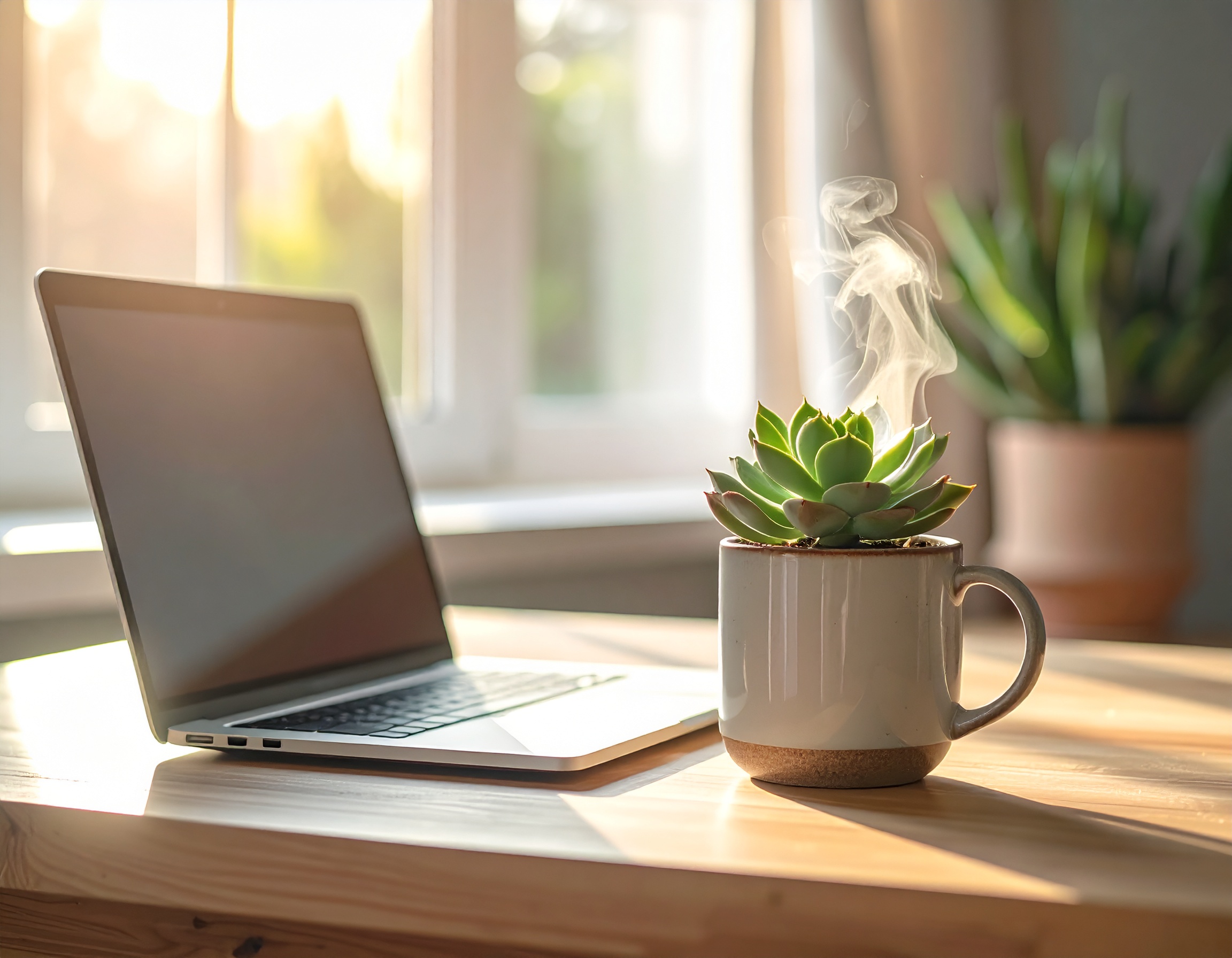 A sunlit desk features a sleek laptop beside a steaming succulent in a ceramic mug
