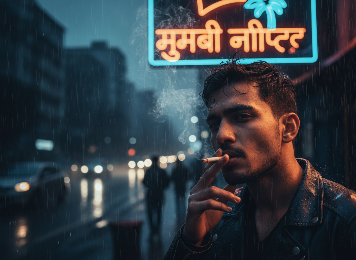 A young man smokes a cigarette on a rainy night in the city, illuminated by neon lights