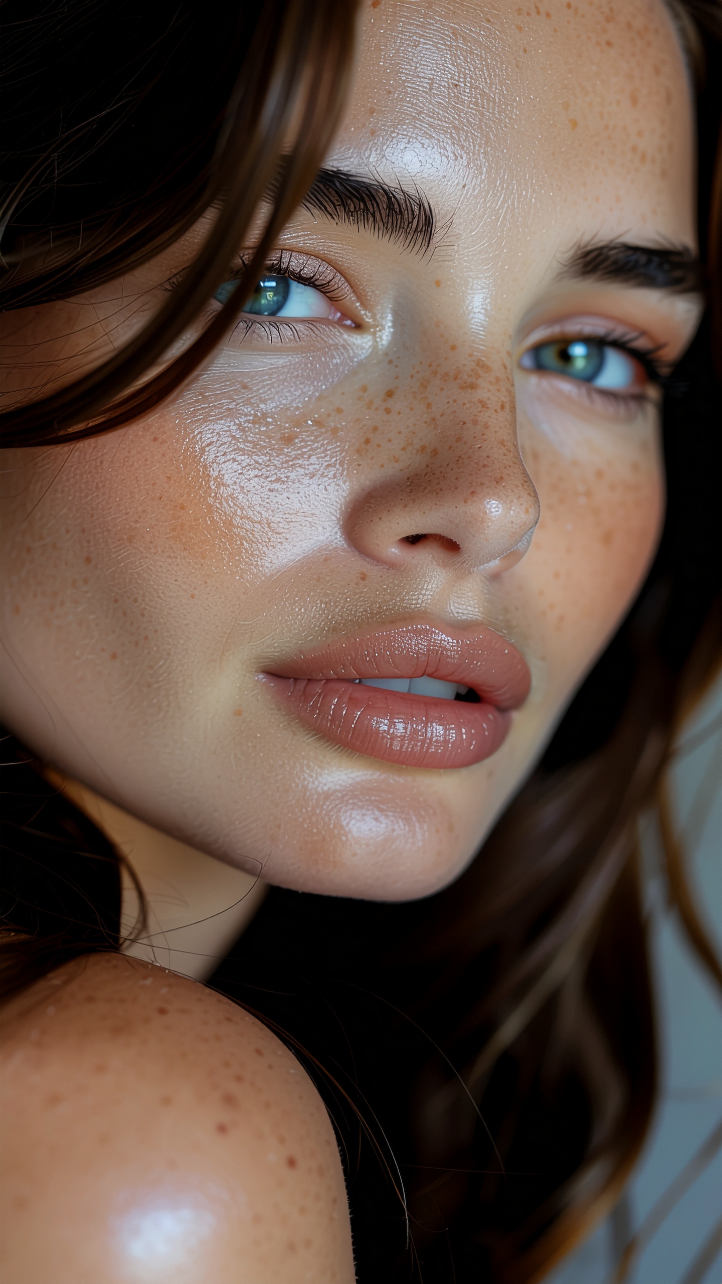 Close-up of a woman's face showcasing smooth, radiant skin with freckles and glossy lips
