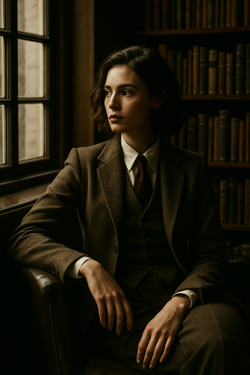 A woman in a tailored brown suit sits by a window in a library
