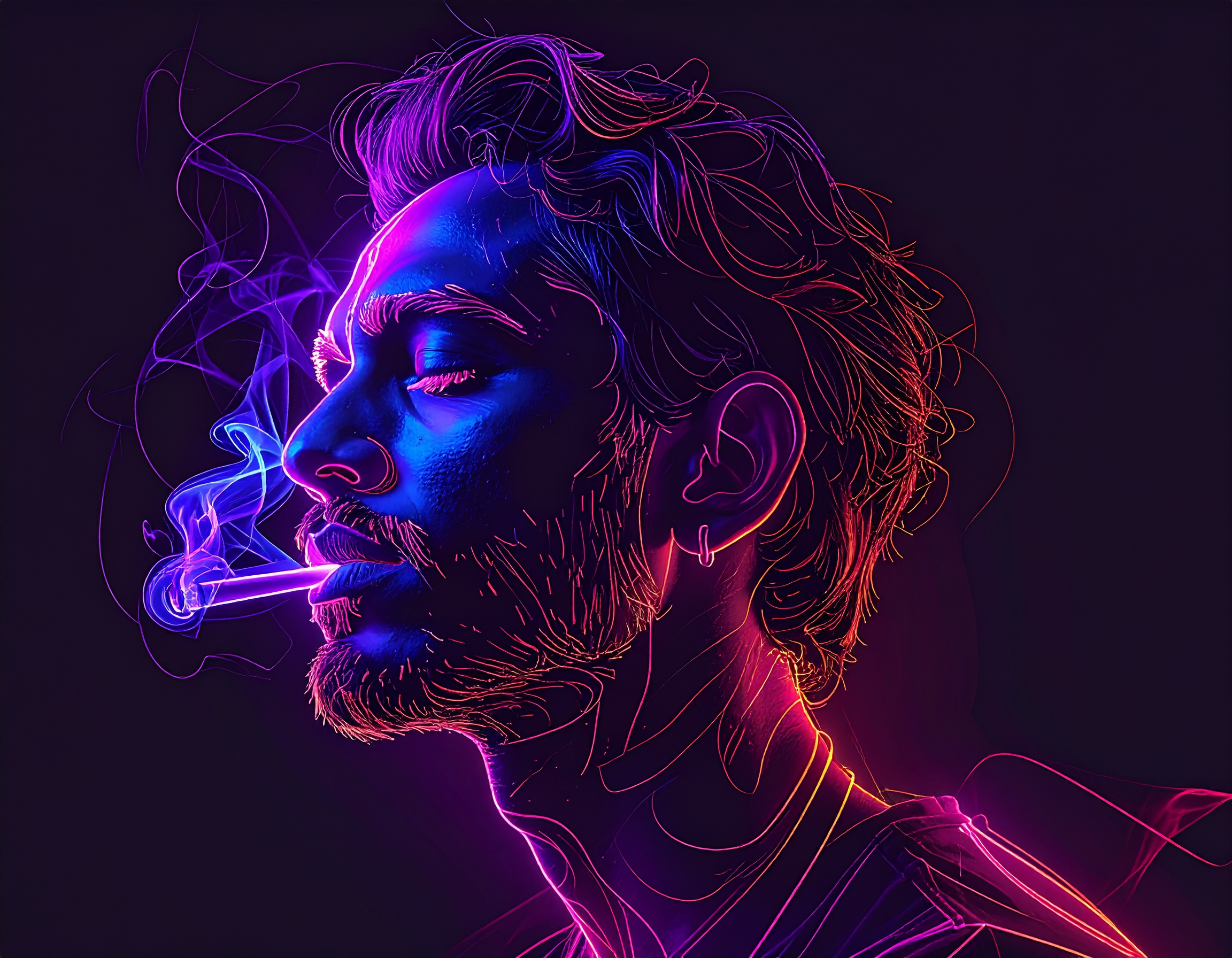 A vibrant neon illustration of a man smoking against a dark background