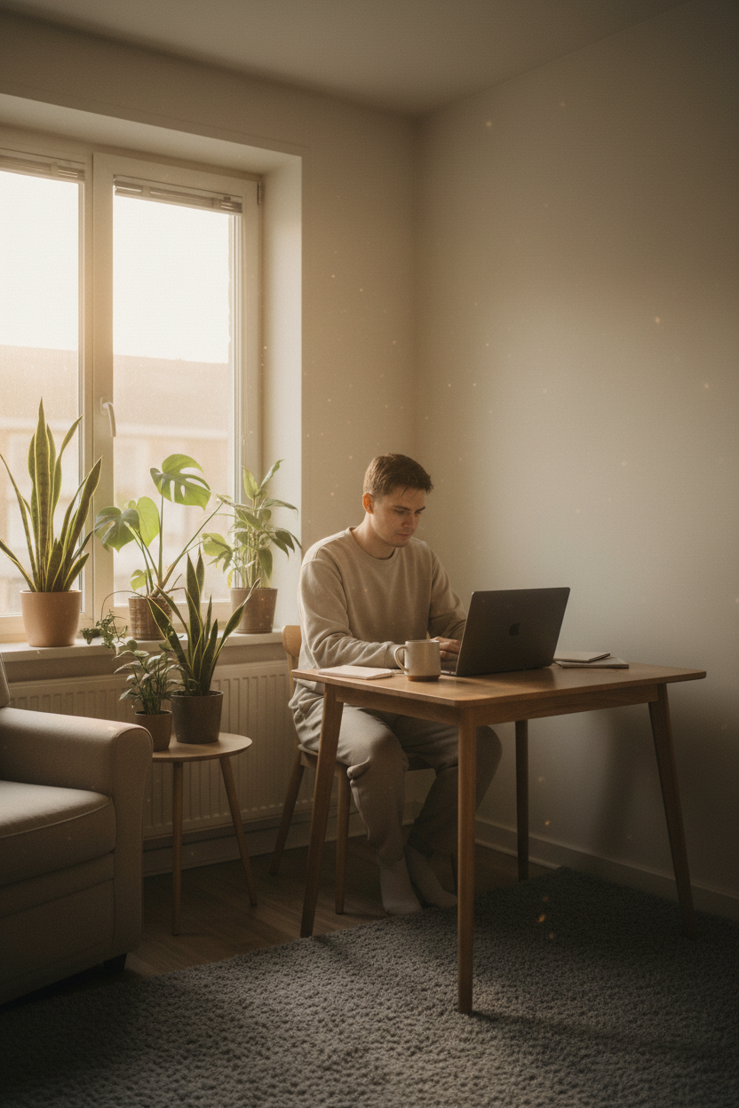 A young man is working on a laptop at a wooden desk in a cozy home office