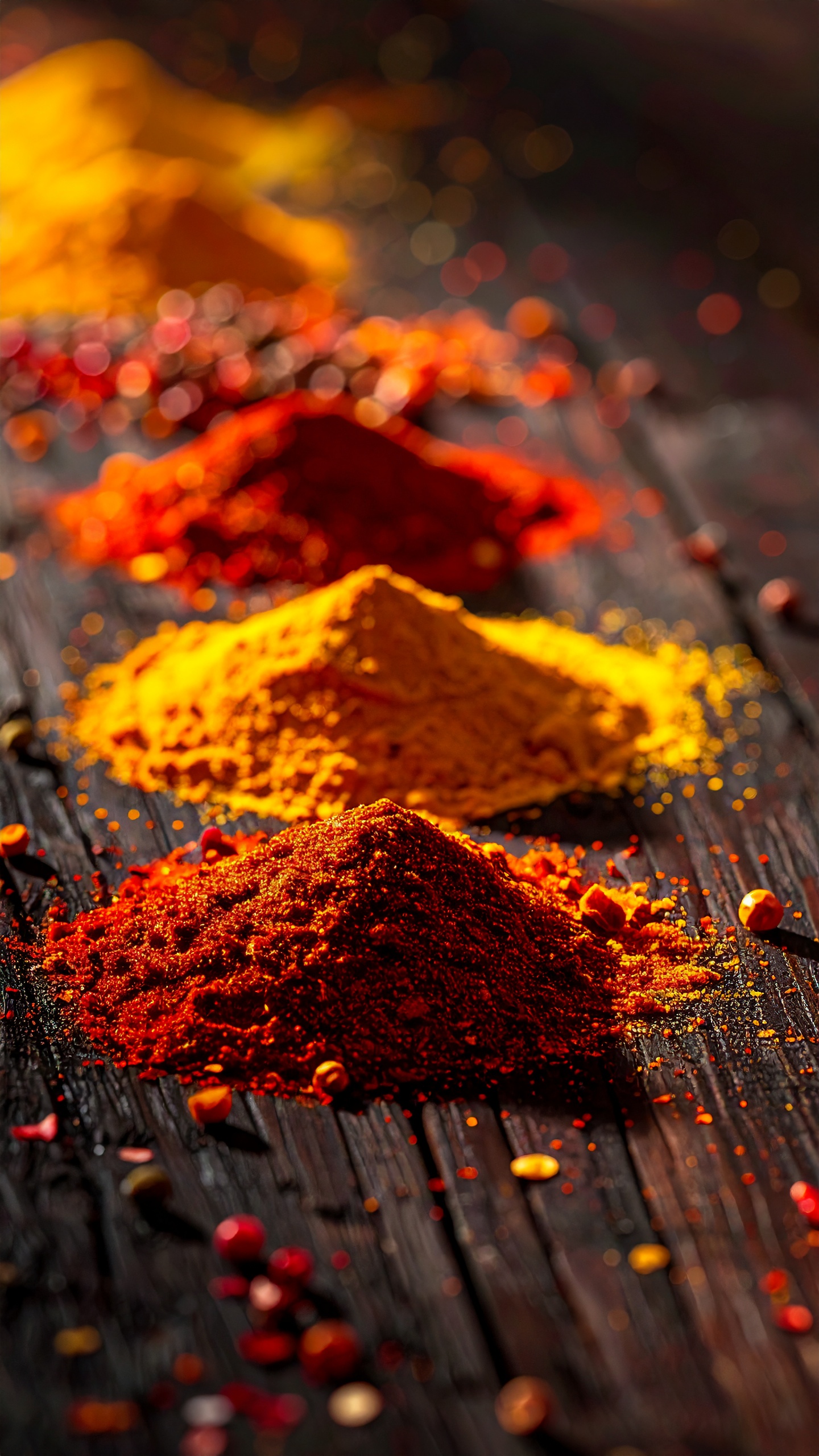 Colorful Spice Mounds on Dark Wood Surface