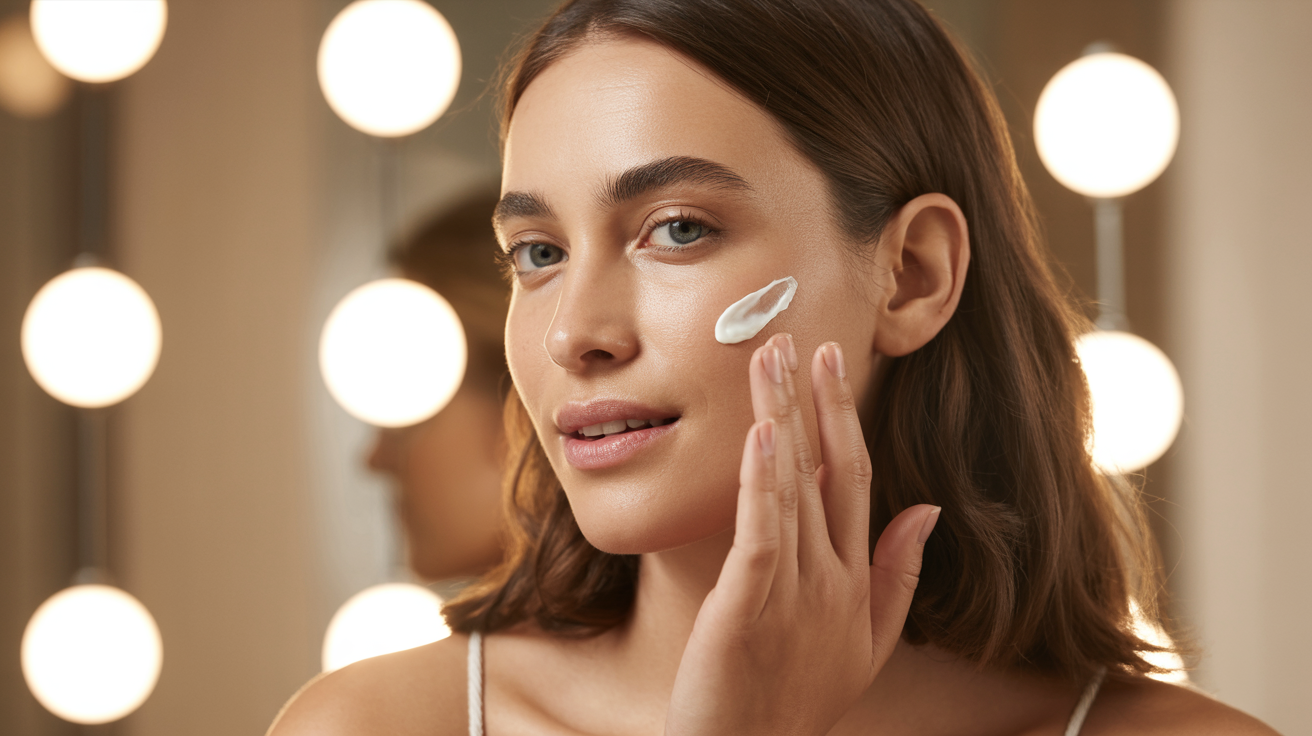 Mulher aplicando creme facial em close-up, com iluminação suave e foco nítido no rosto. A cena é iluminada por luzes circulares ao fundo, criando uma atmosfera de beleza e cuidado pessoal. A composição destaca a textura da pele e o detalhe do produto cosmético.