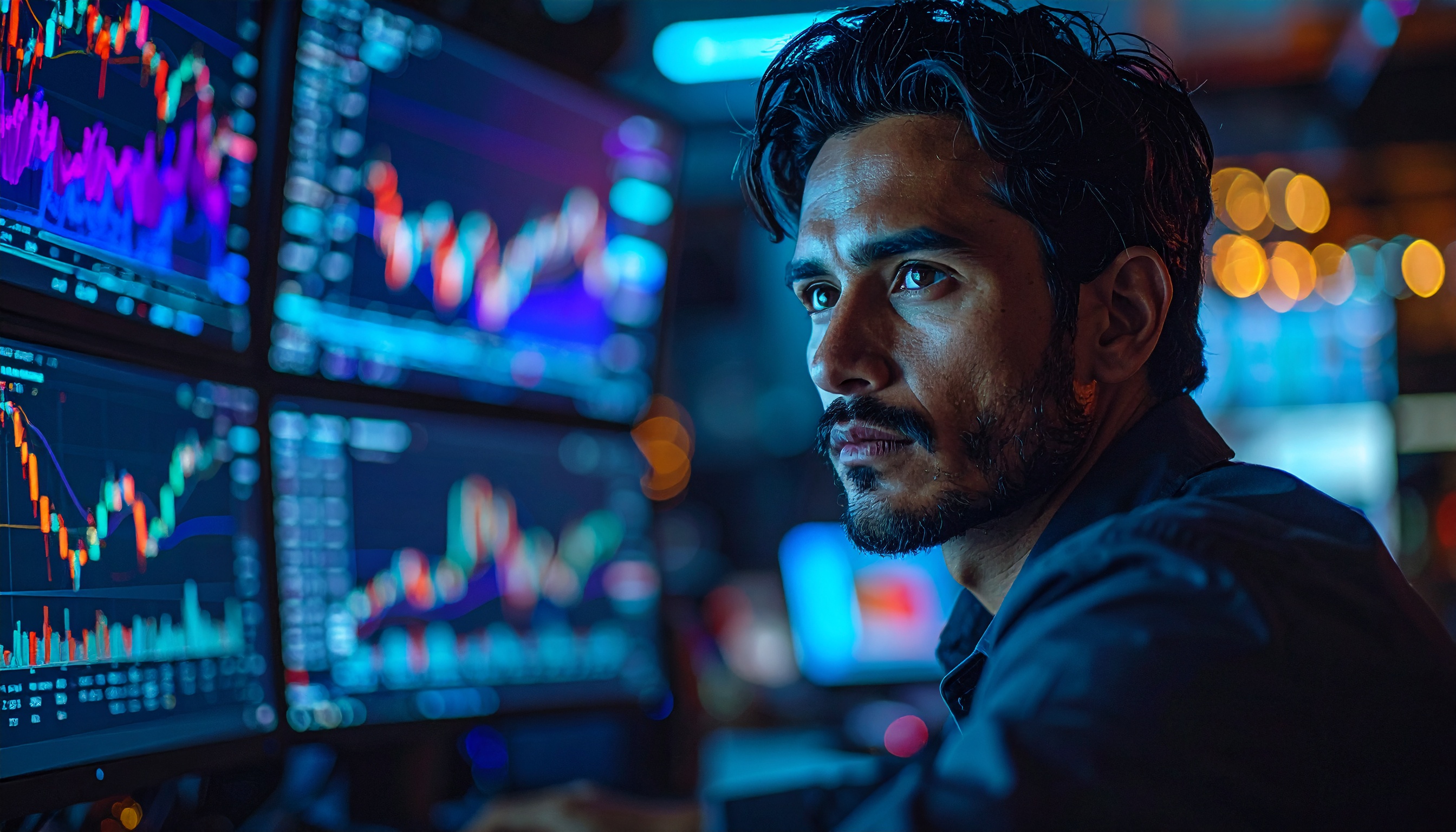 Focused Man Analyzing Financial Graphs on Multiple Computer Screens