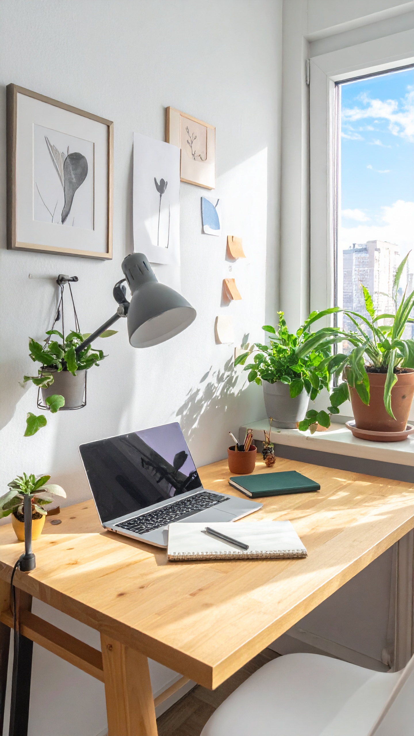 A modern workspace featuring a wooden desk and green plants
