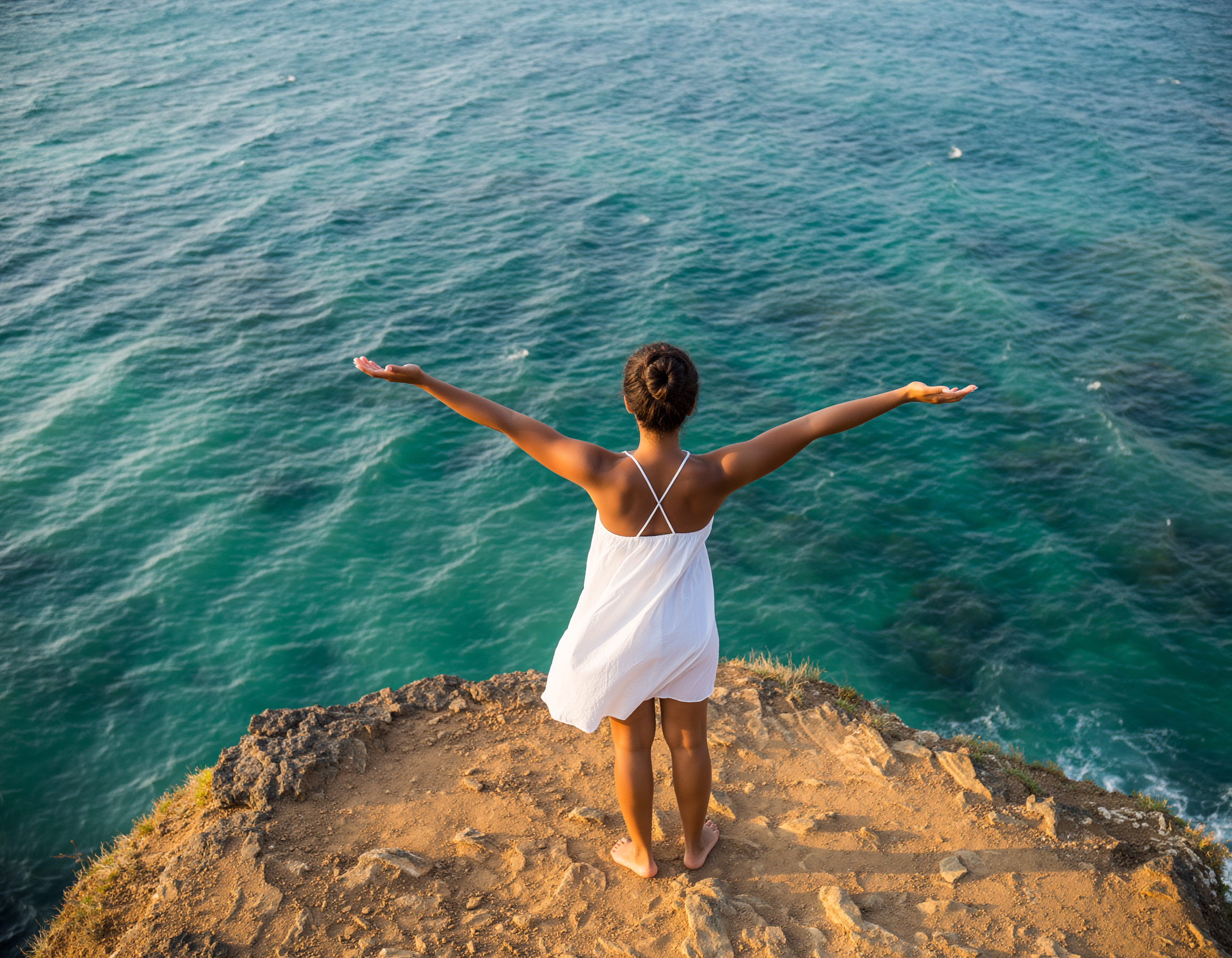 Mulher em vestido branco de braços abertos, contemplando o mar azul de um penhasco. A luz do sol destaca as nuances da água, criando um ambiente de liberdade e serenidade. A composição enfatiza a vastidão do oceano, com foco nítido e cores vibrantes.