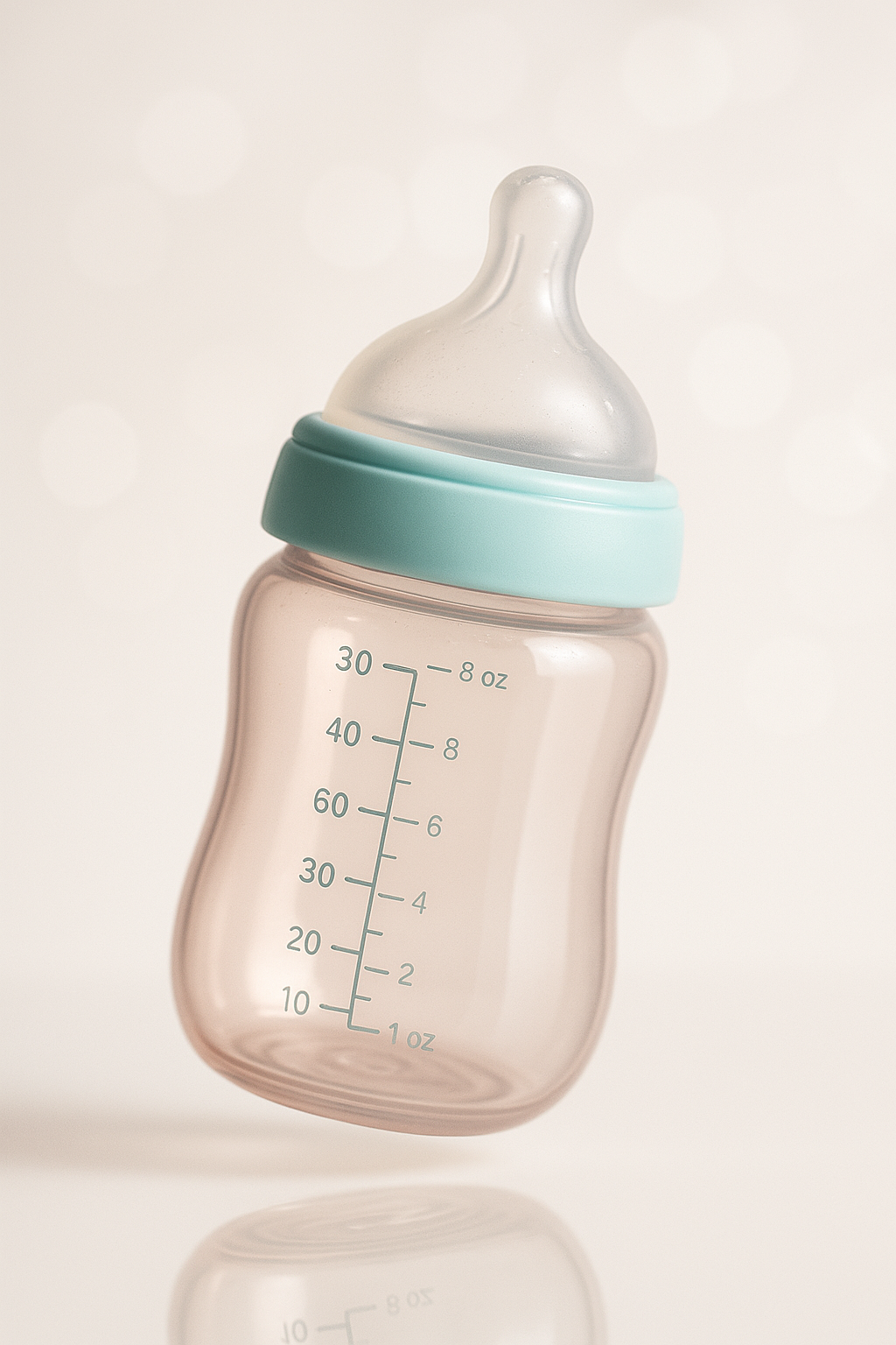 Um frasco de mamadeira transparente com um bico de silicone e tampa azul, flutuando em um fundo suave e desfocado. Ideal para bebês, com marcações de medição em onças e mililitros.