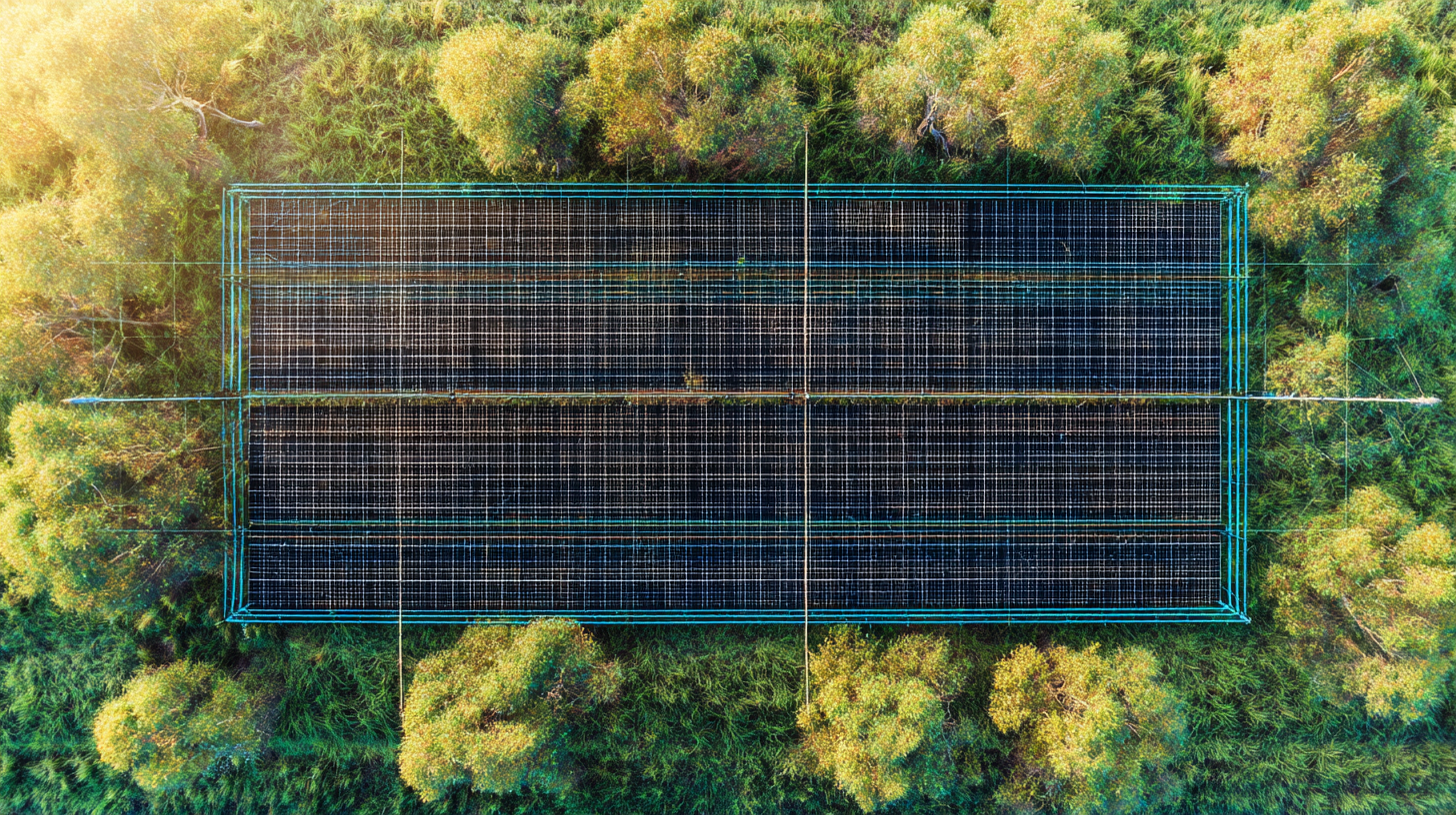 Vista aérea de um campo solar cercado por vegetação exuberante, mostrando painéis solares alinhados em um padrão geométrico. A luz suave do sol ilumina as copas das árvores ao redor, criando um contraste vibrante entre o verde da natureza e a estrutura tecnológica. A imagem captura a integração harmoniosa entre tecnologia sustentável e o ambiente natural, destacando a inovação ecológica em uma composição simétrica e equilibrada.