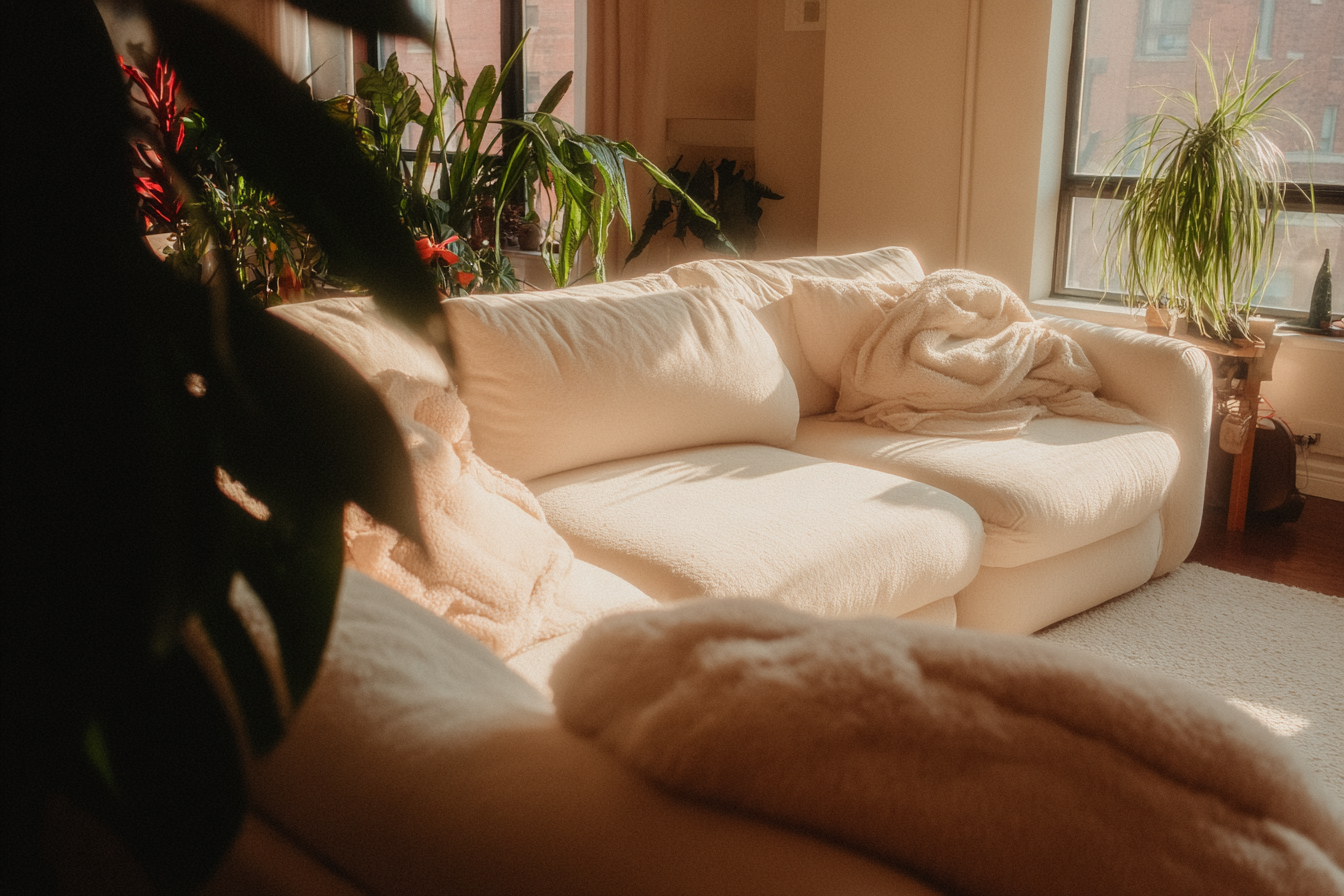 Sala de estar iluminada pela luz natural, apresentando um sofá creme com cobertores macios, rodeado por plantas vibrantes junto à janela, criando um ambiente acolhedor e sereno. A composição é equilibrada, com foco suave, enfatizando o conforto e o estilo minimalista do espaço.