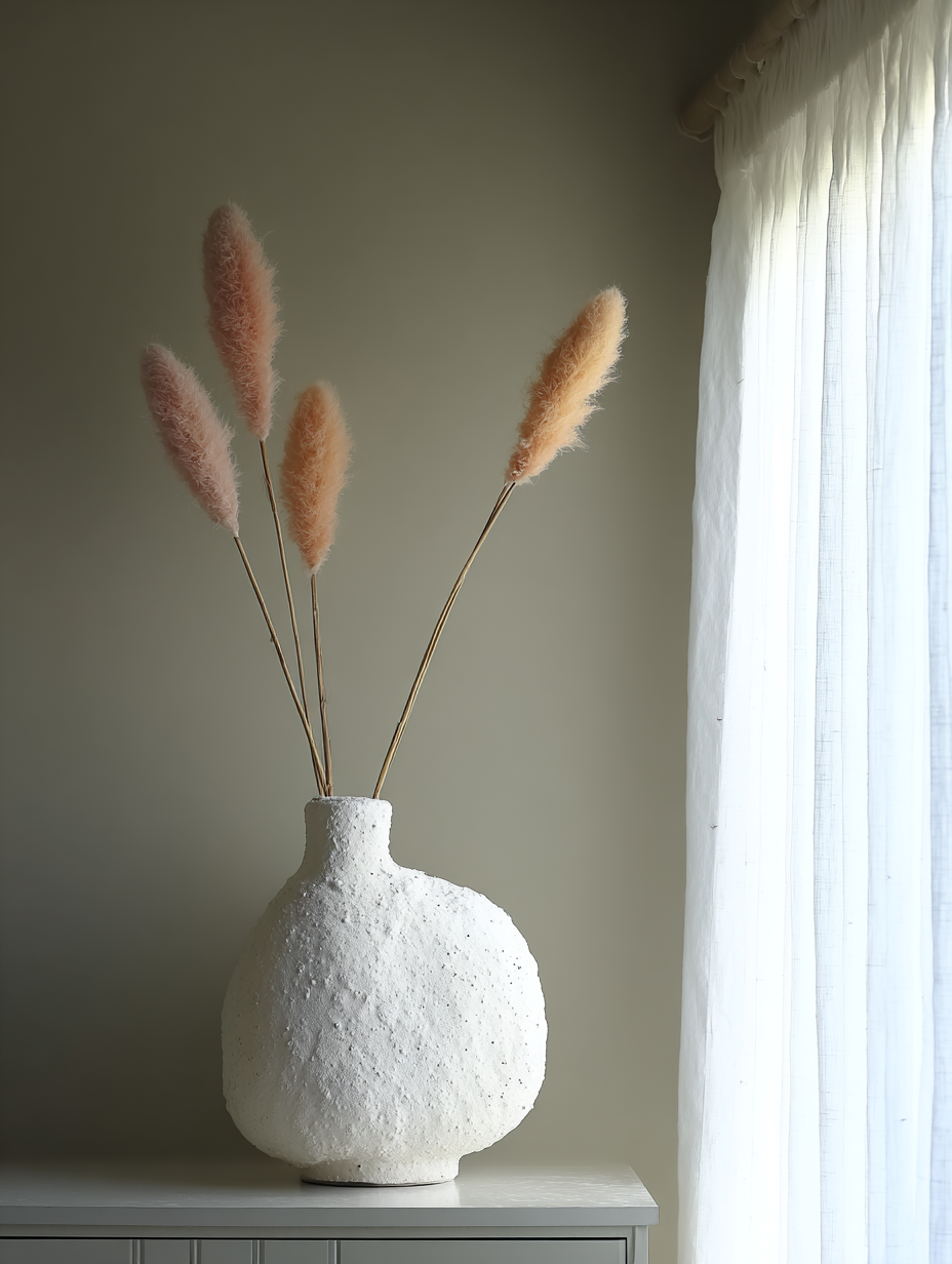 Vaso texturizado de cerâmica branca com hastes de flores secas em tons alaranjados em um ambiente minimalista. Luz suave ilumina delicadamente a cena, destacando a textura rugosa do vaso. A composição é centrada e equilibrada, com cortinas translúcidas à direita, criando uma atmosfera tranquila e serena.