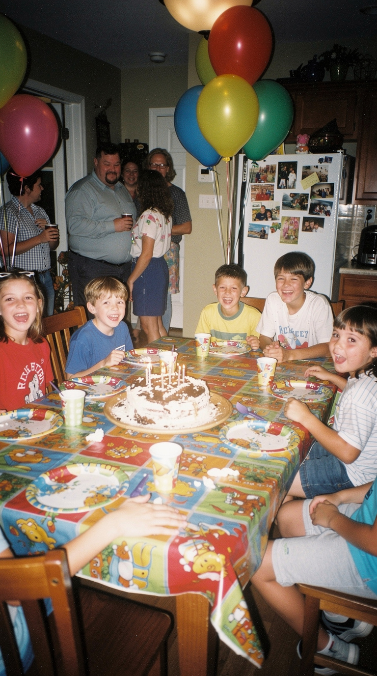 A lively children's birthday party scene features vibrant balloons and a cake surrounded by smiling