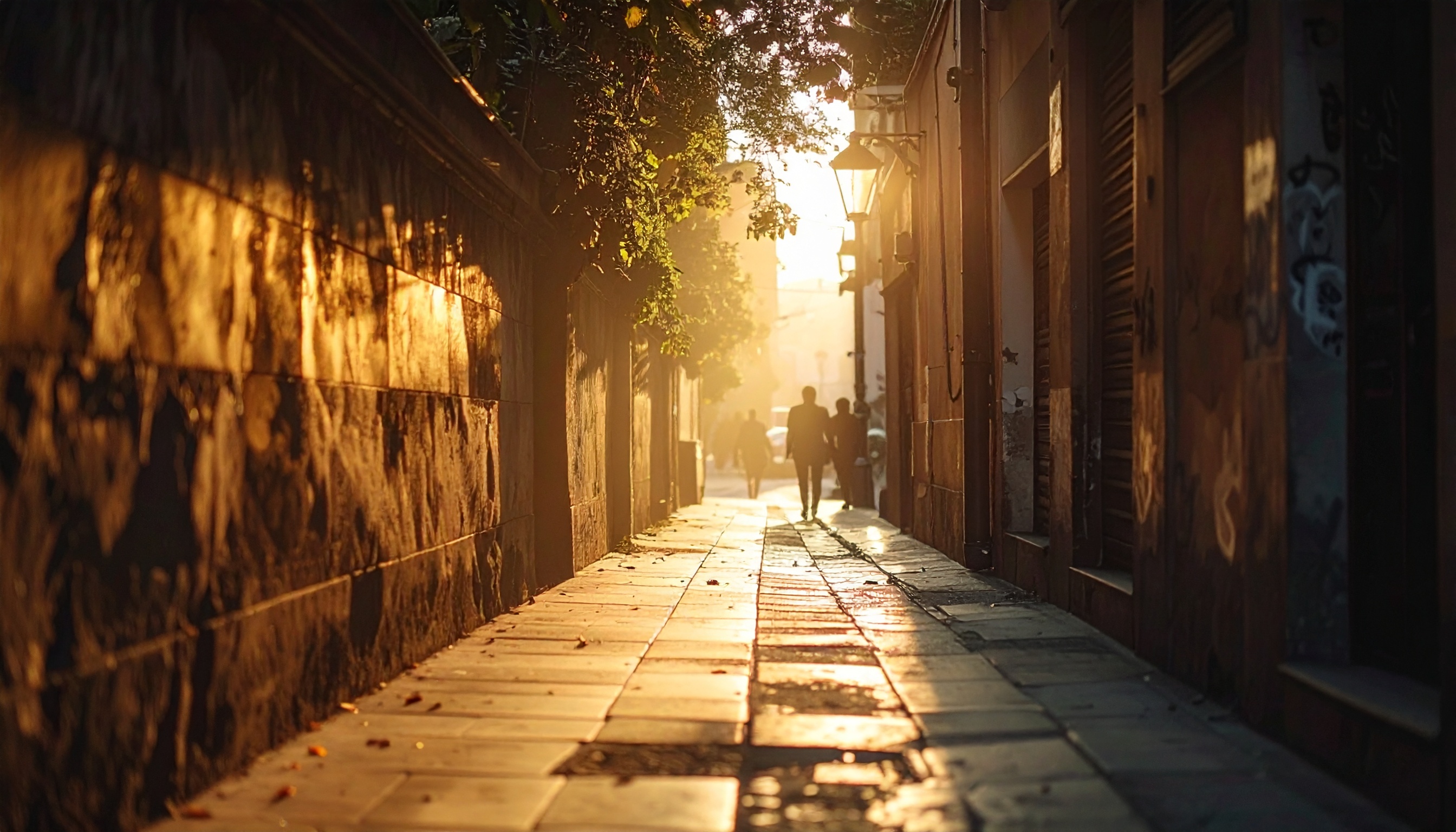 Sunlight bathes a narrow street, casting long shadows and a warm glow on the cobblestones